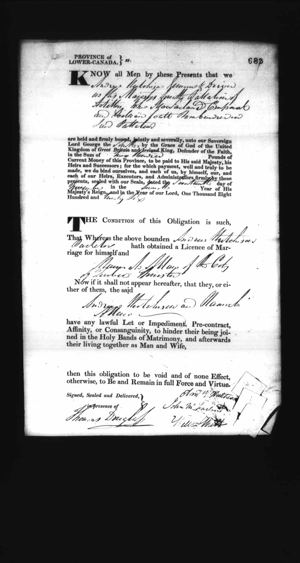 Digitized page of Upper and Lower Canada Marriage Bonds (1779-1865) for Image No.: e008236723