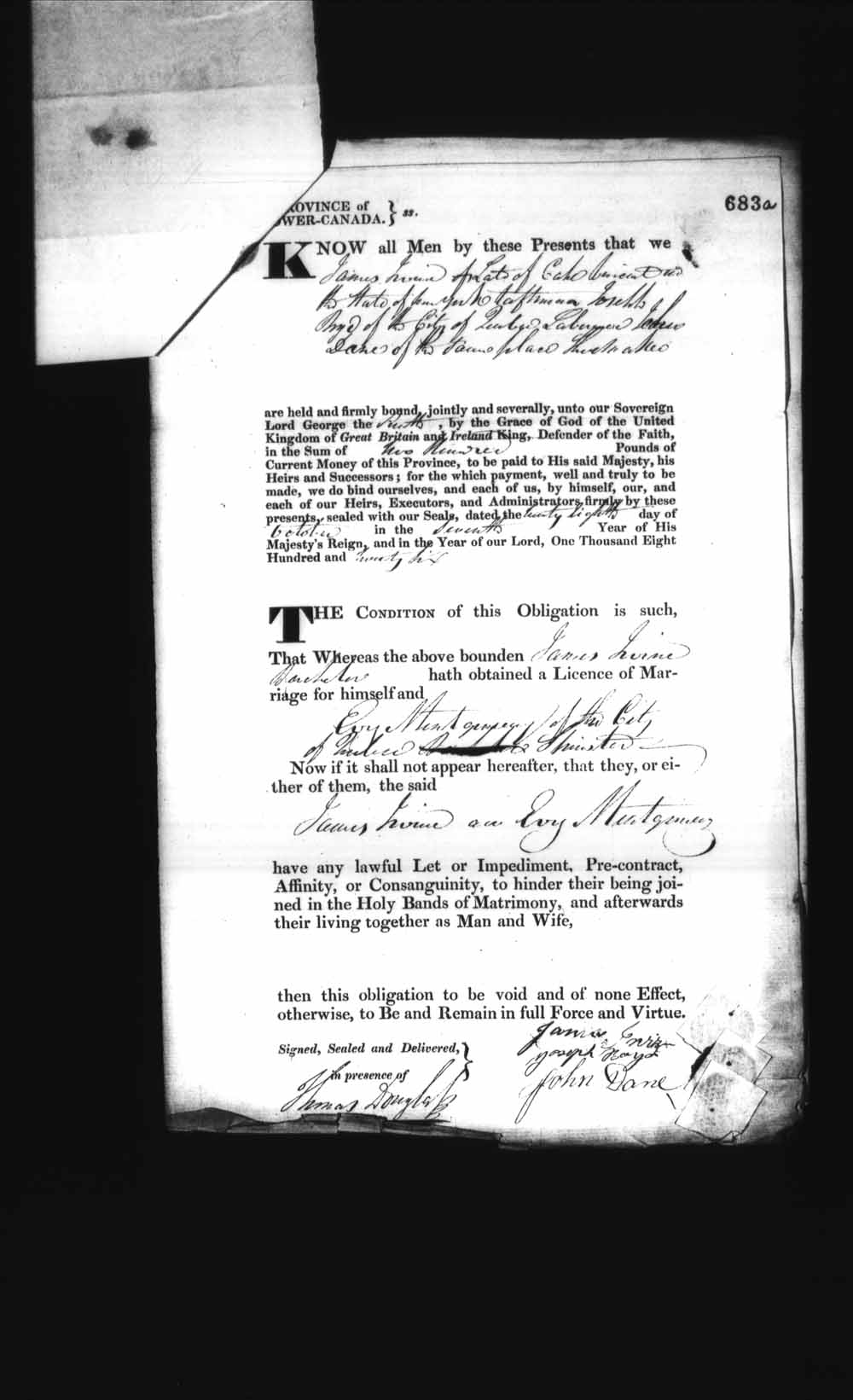 Digitized page of Upper and Lower Canada Marriage Bonds (1779-1865) for Image No.: e008236727