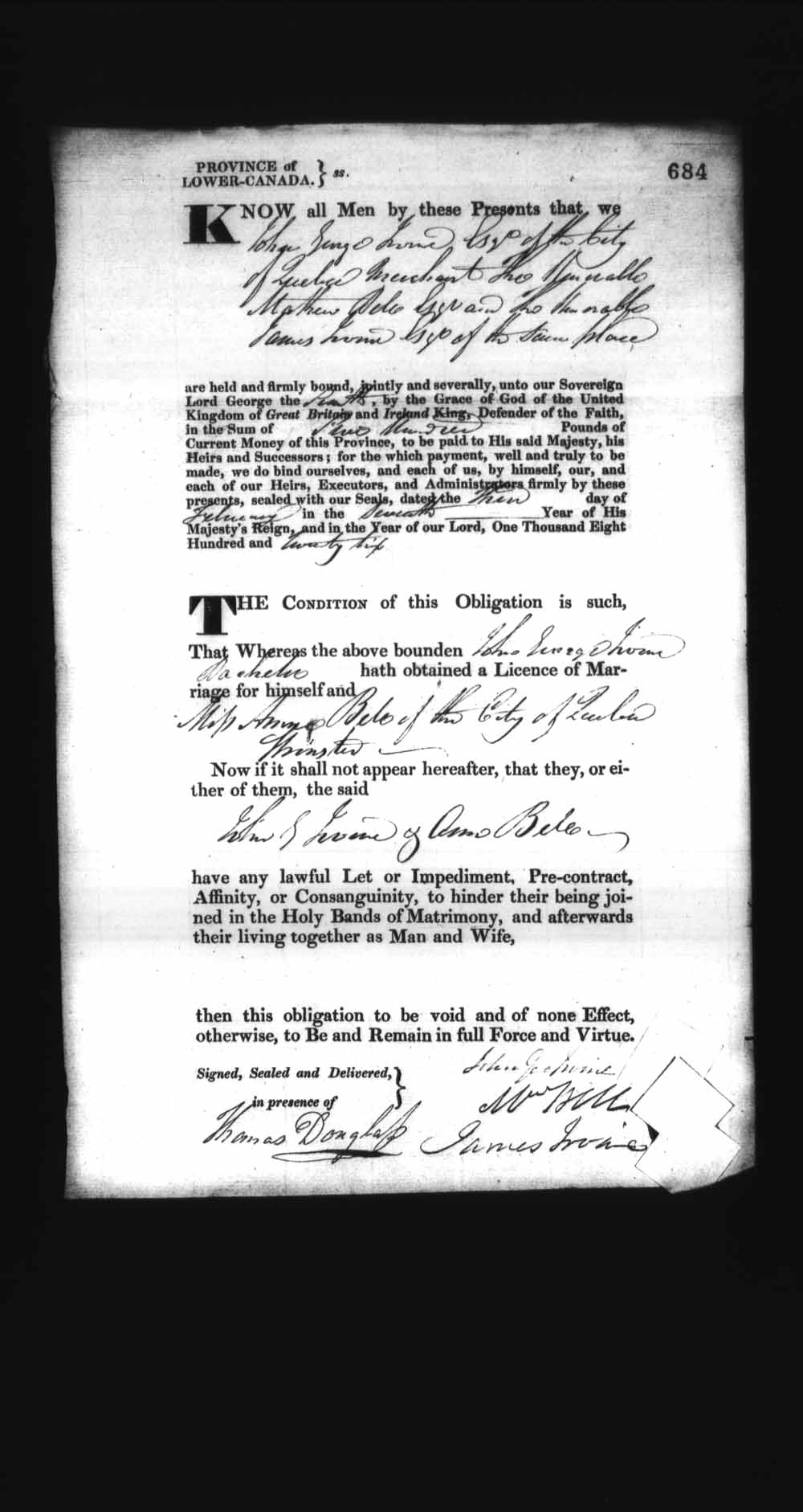 Digitized page of Upper and Lower Canada Marriage Bonds (1779-1865) for Image No.: e008236728