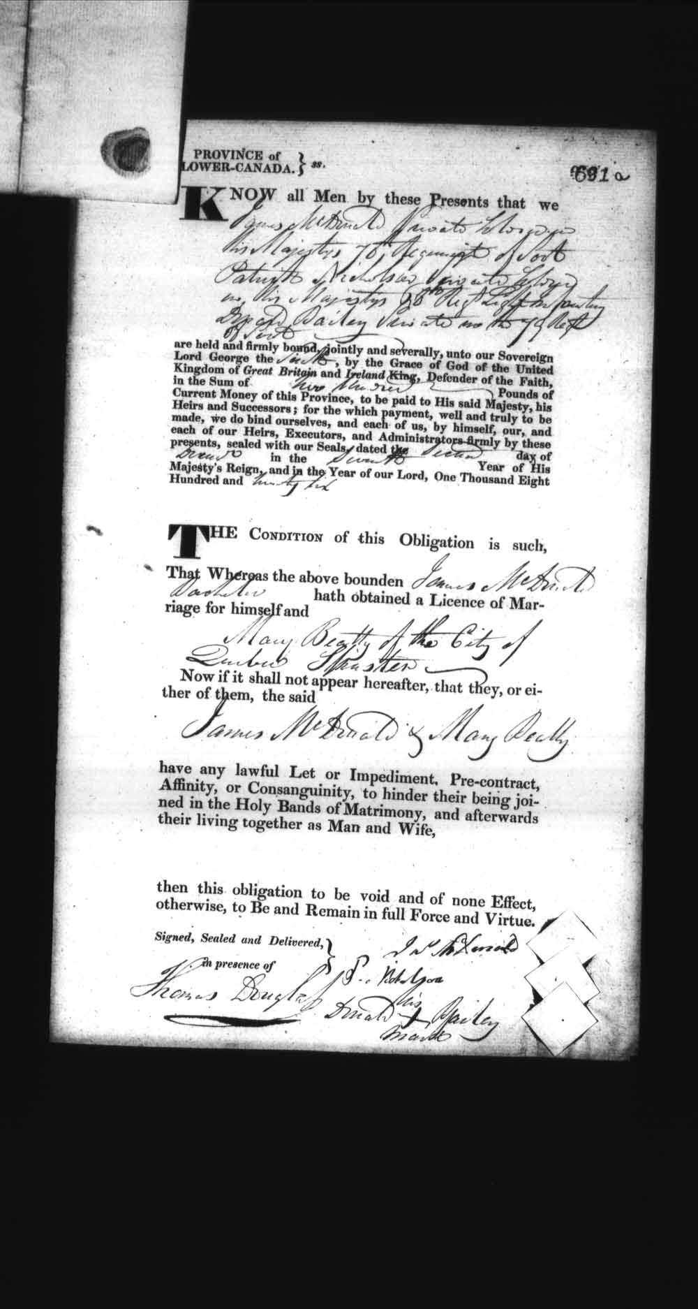 Digitized page of Upper and Lower Canada Marriage Bonds (1779-1865) for Image No.: e008236739