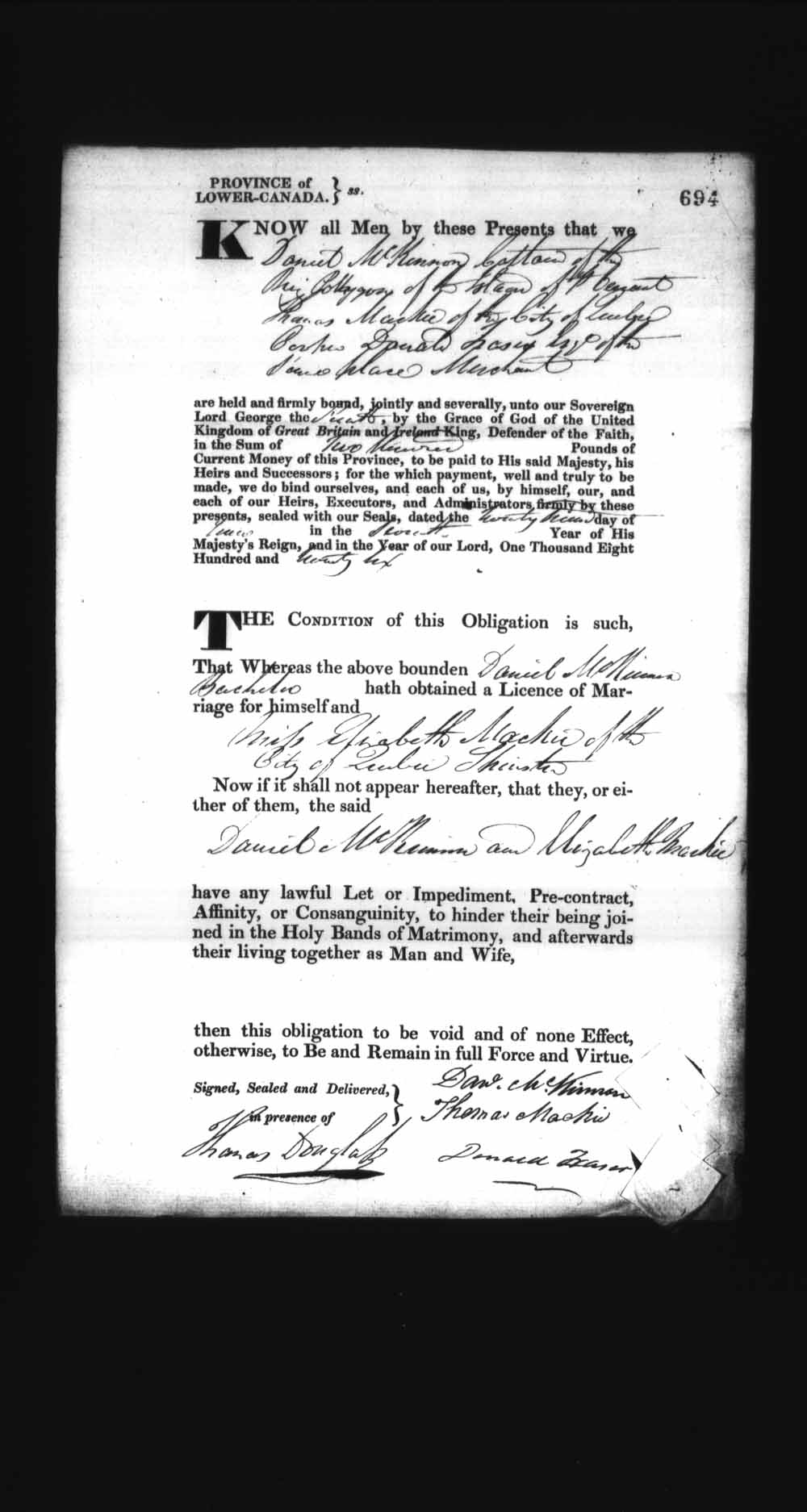Digitized page of Upper and Lower Canada Marriage Bonds (1779-1865) for Image No.: e008236744