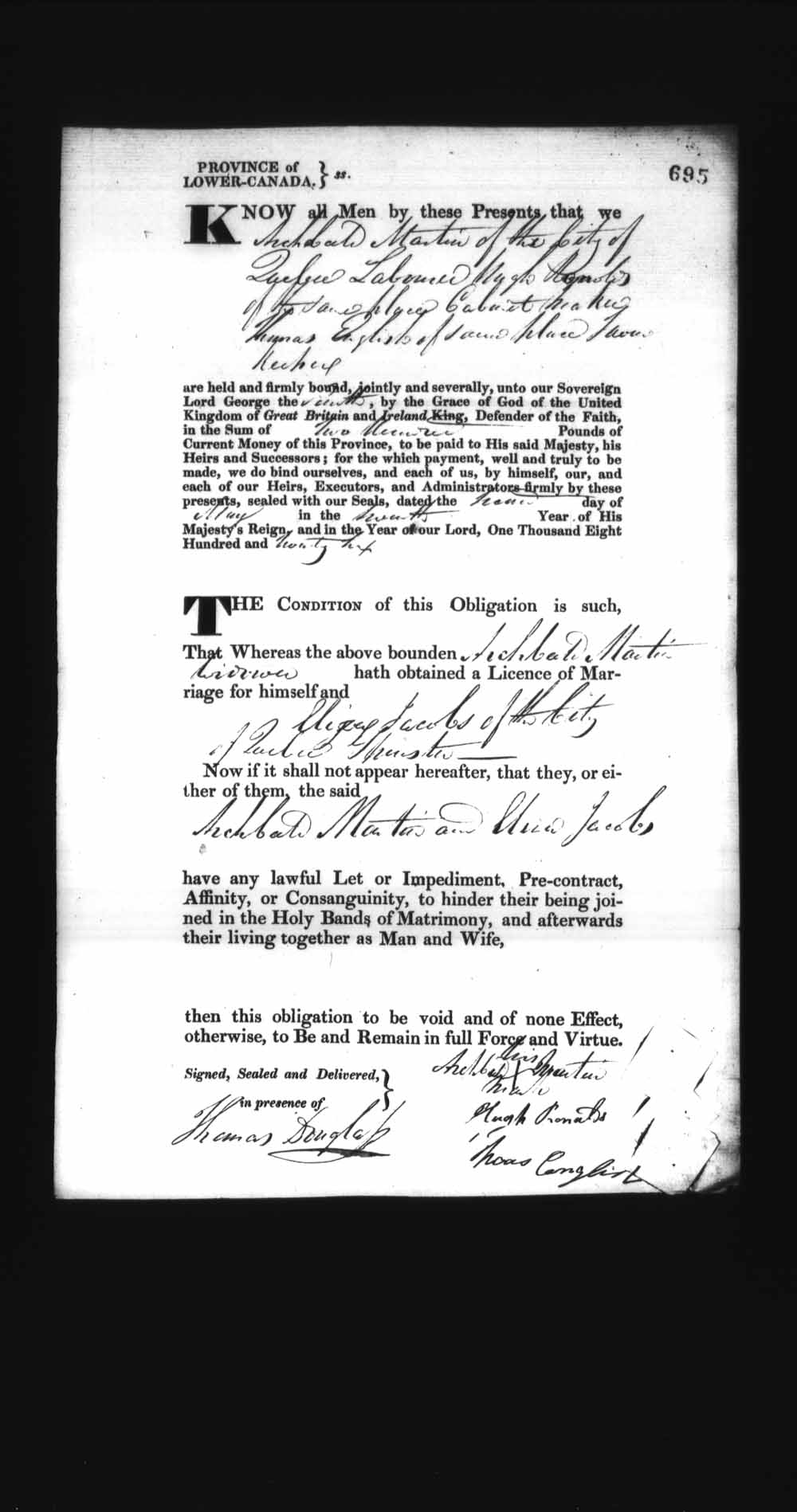 Digitized page of Upper and Lower Canada Marriage Bonds (1779-1865) for Image No.: e008236745