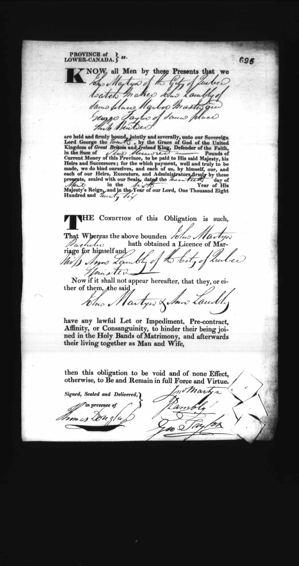 Digitized page of Upper and Lower Canada Marriage Bonds (1779-1865) for Image No.: e008236746