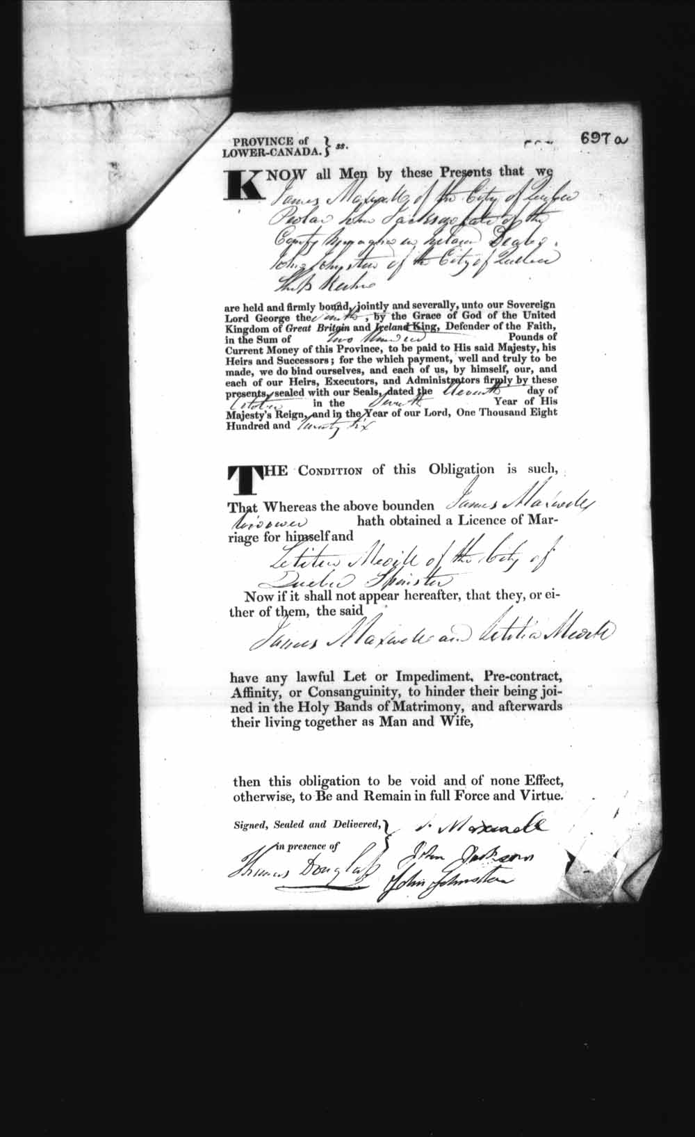 Digitized page of Upper and Lower Canada Marriage Bonds (1779-1865) for Image No.: e008236748