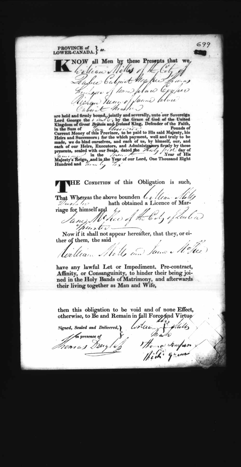 Digitized page of Upper and Lower Canada Marriage Bonds (1779-1865) for Image No.: e008236750
