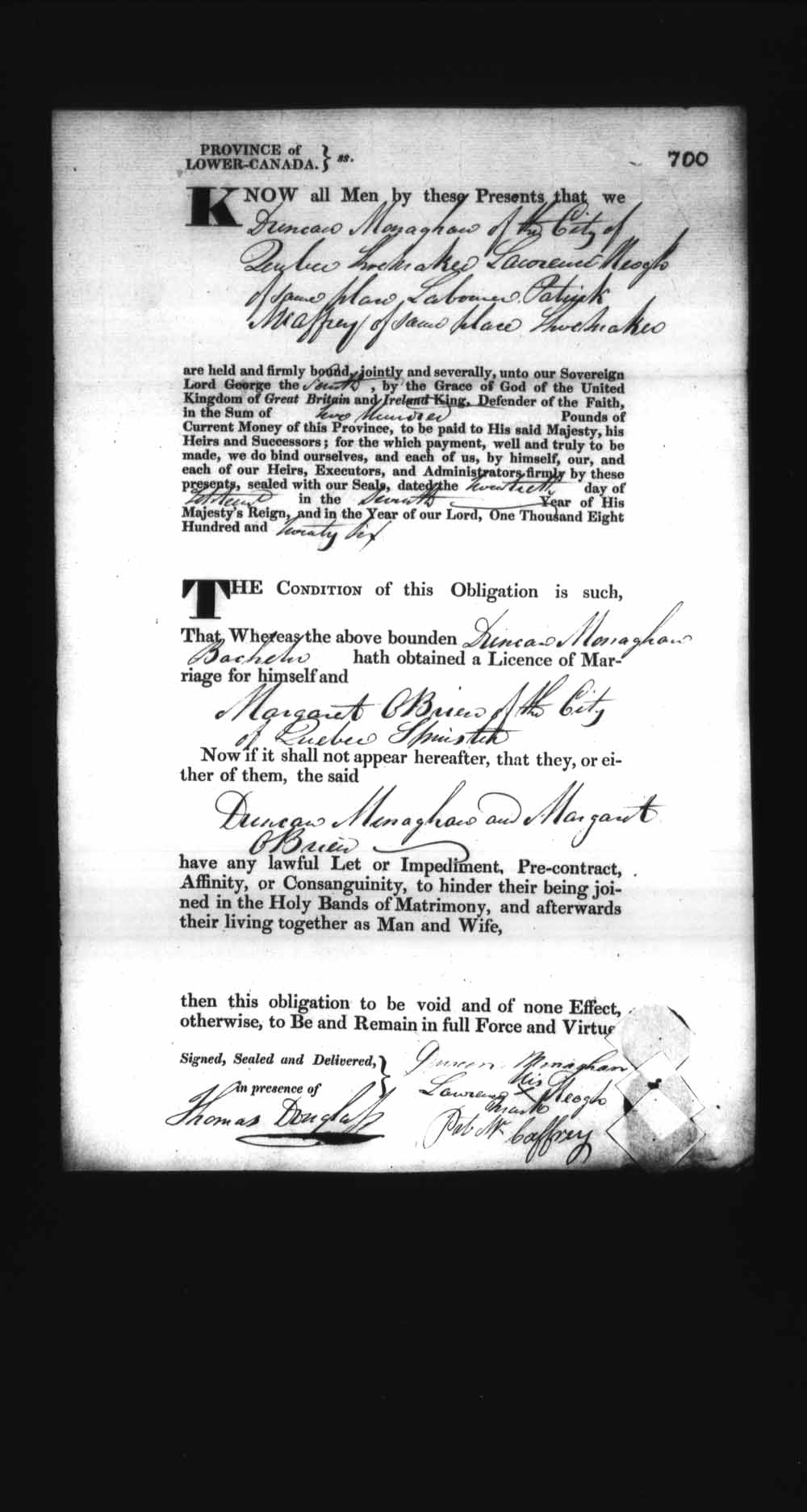 Digitized page of Upper and Lower Canada Marriage Bonds (1779-1865) for Image No.: e008236751