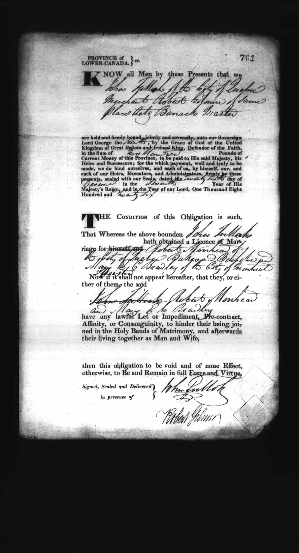Digitized page of Upper and Lower Canada Marriage Bonds (1779-1865) for Image No.: e008236752