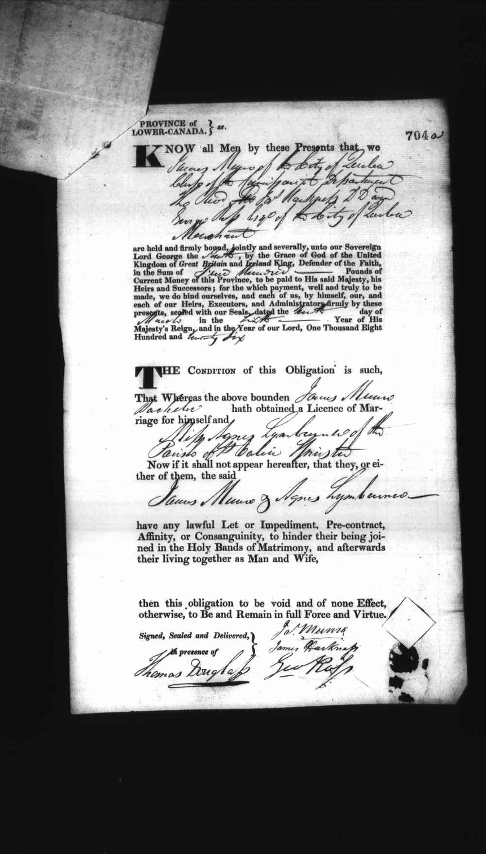Digitized page of Upper and Lower Canada Marriage Bonds (1779-1865) for Image No.: e008236757