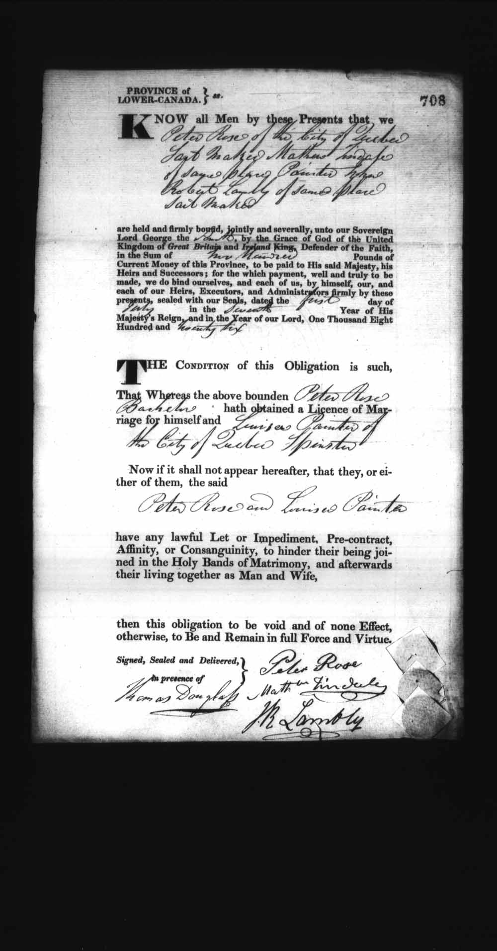 Digitized page of Upper and Lower Canada Marriage Bonds (1779-1865) for Image No.: e008236763