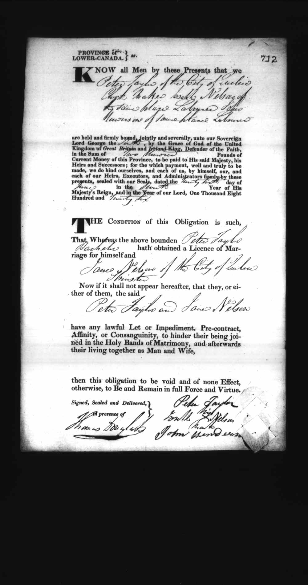 Digitized page of Upper and Lower Canada Marriage Bonds (1779-1865) for Image No.: e008236767