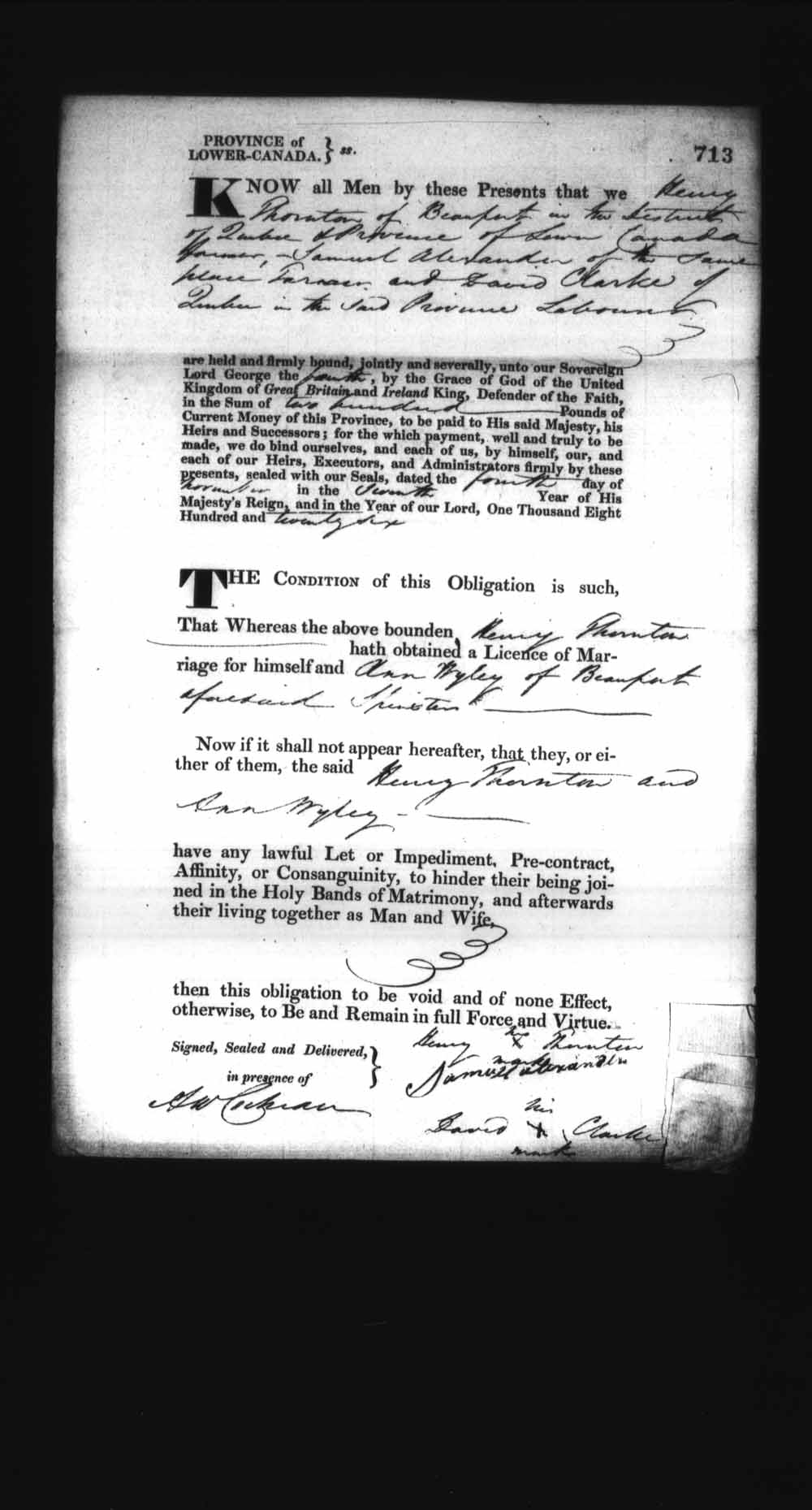 Digitized page of Upper and Lower Canada Marriage Bonds (1779-1865) for Image No.: e008236768