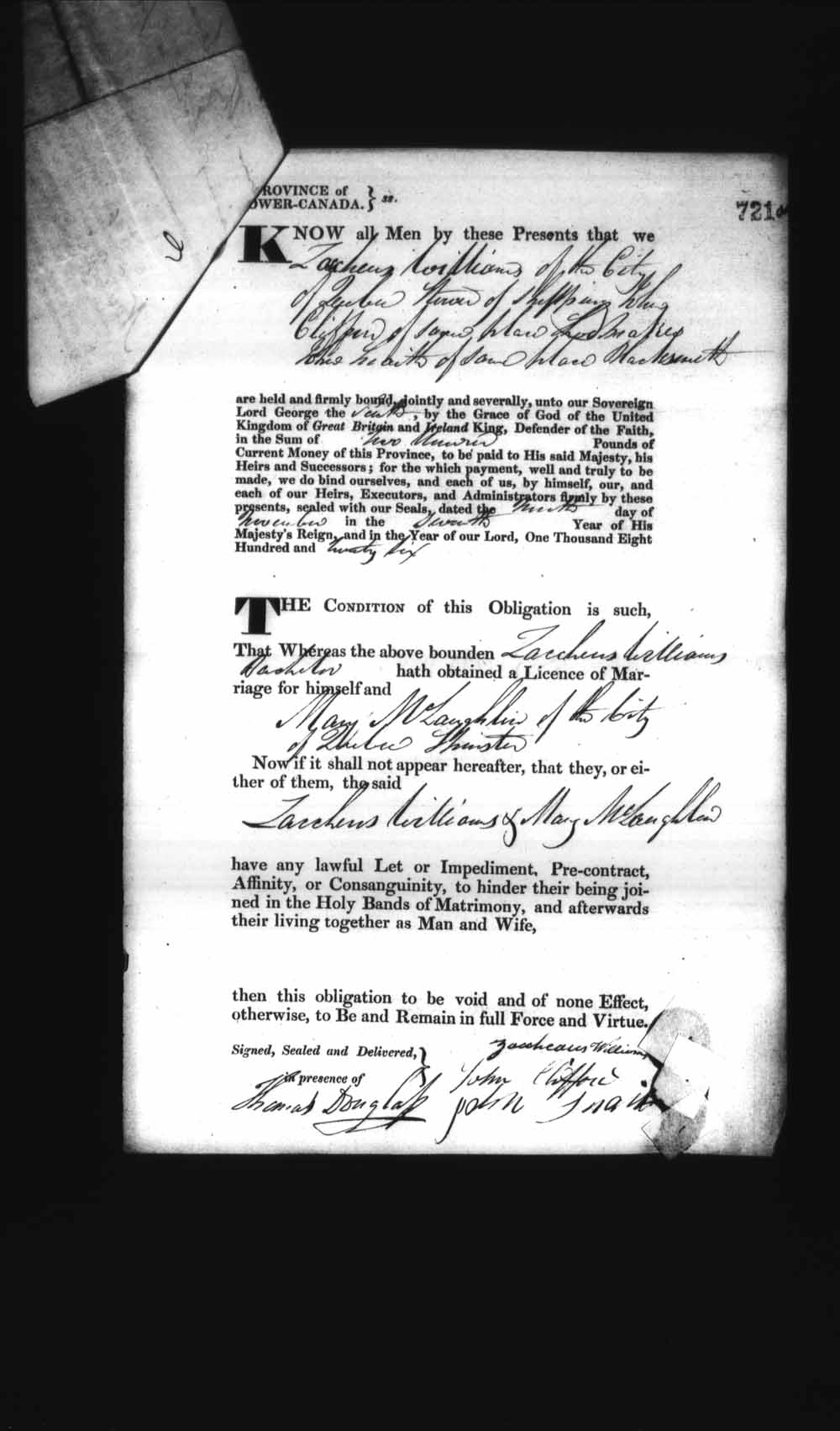 Digitized page of Upper and Lower Canada Marriage Bonds (1779-1865) for Image No.: e008236782