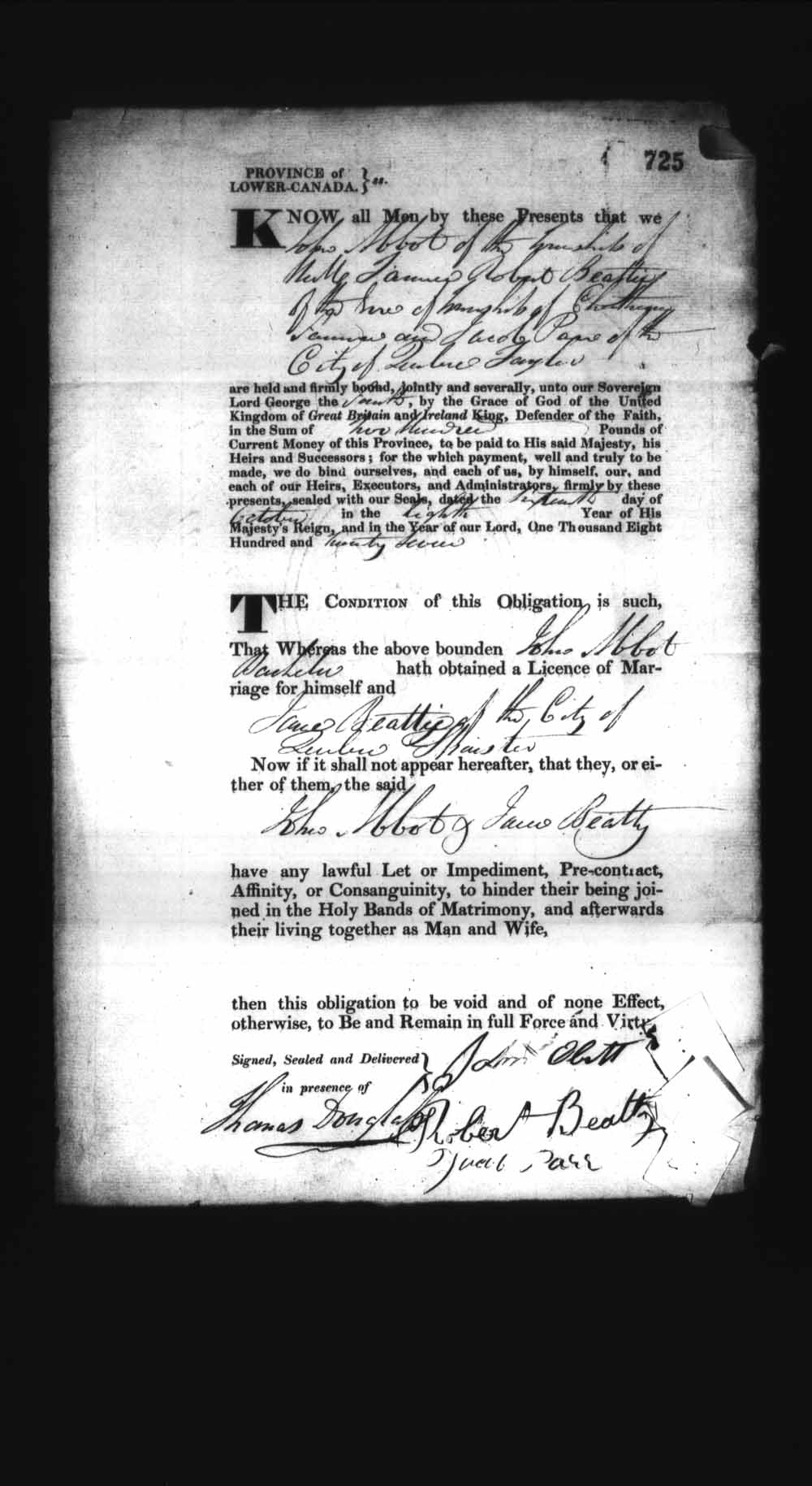 Digitized page of Upper and Lower Canada Marriage Bonds (1779-1865) for Image No.: e008236789