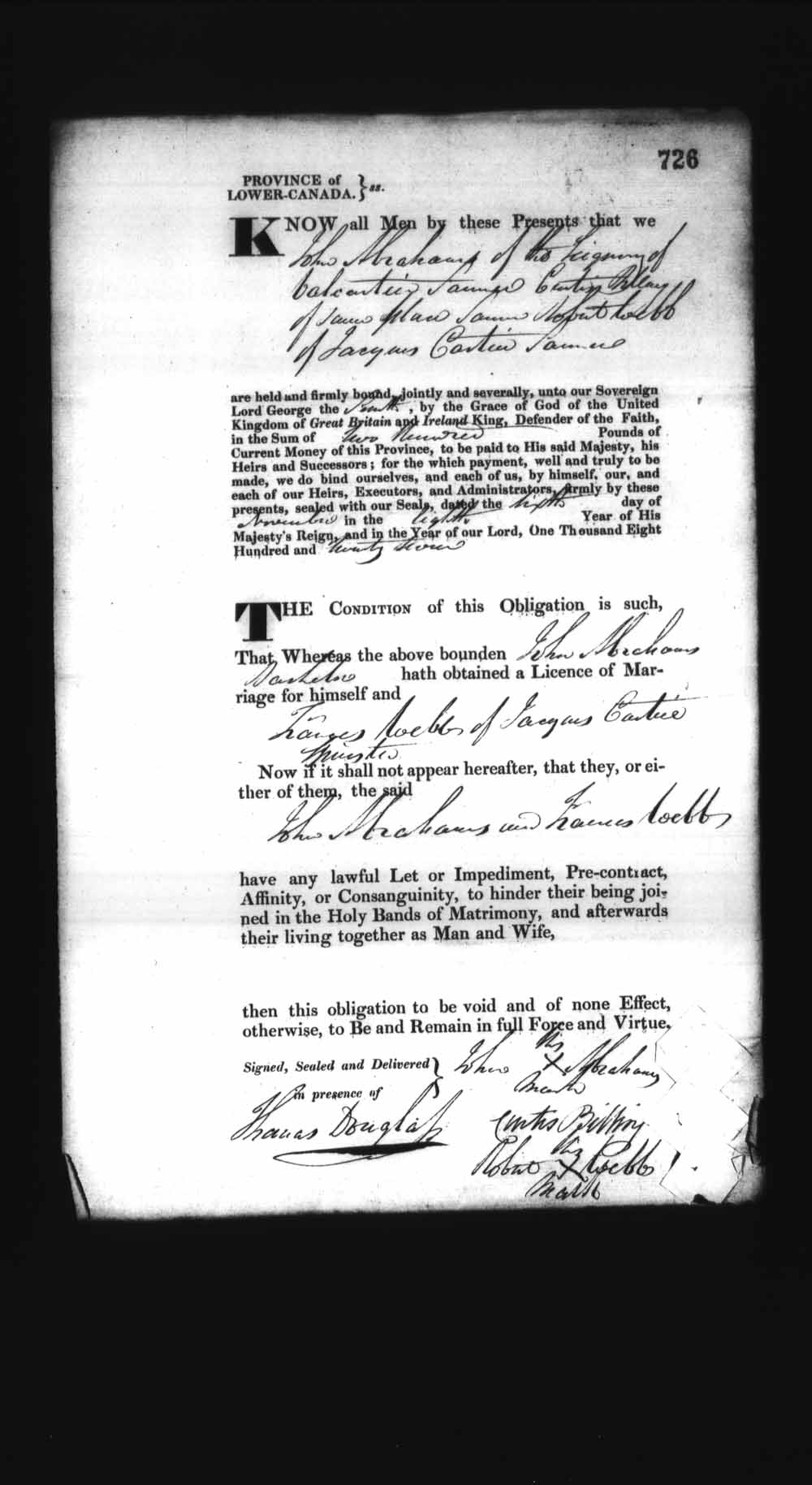 Digitized page of Upper and Lower Canada Marriage Bonds (1779-1865) for Image No.: e008236790