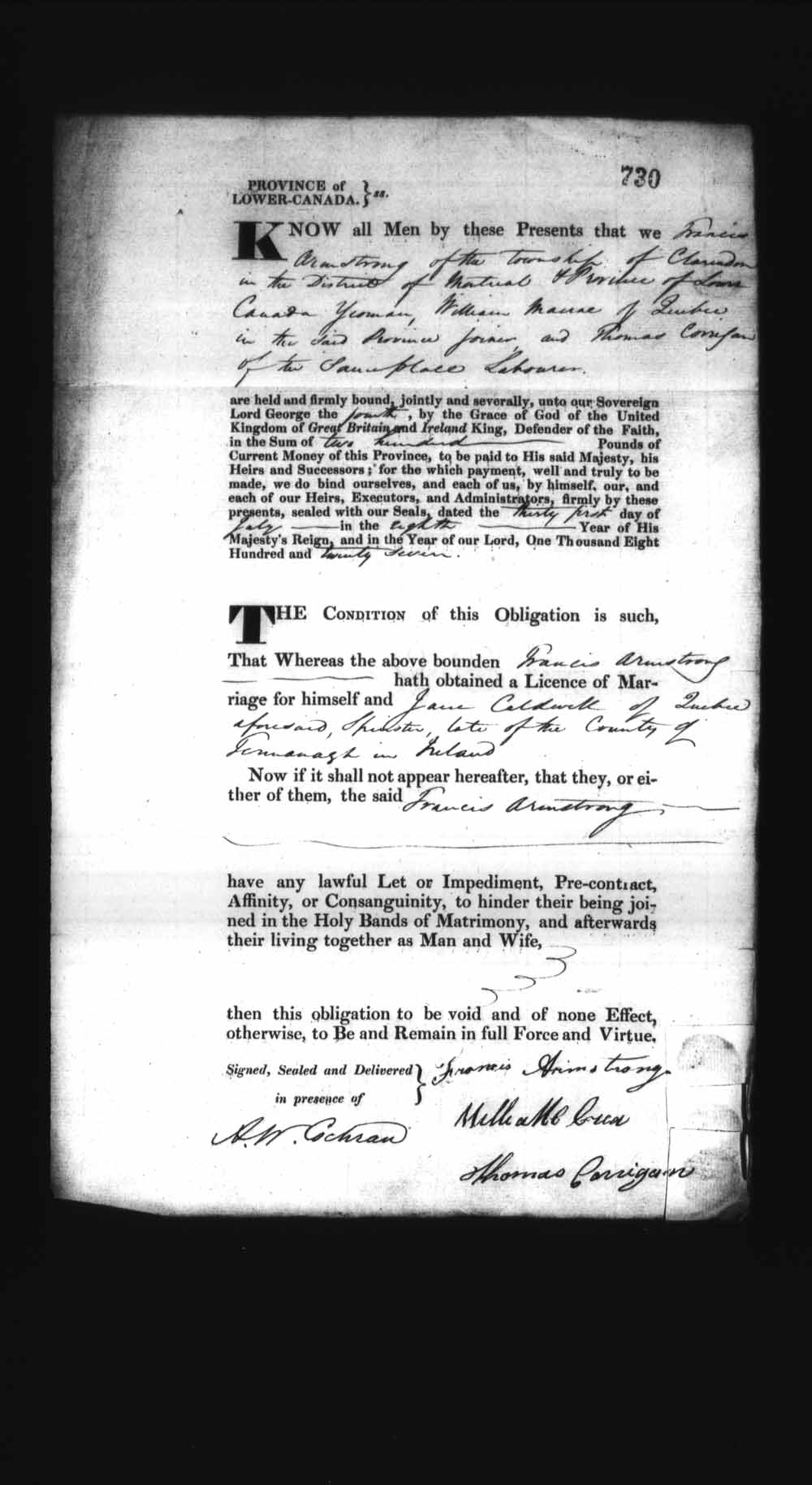 Digitized page of Upper and Lower Canada Marriage Bonds (1779-1865) for Image No.: e008236794