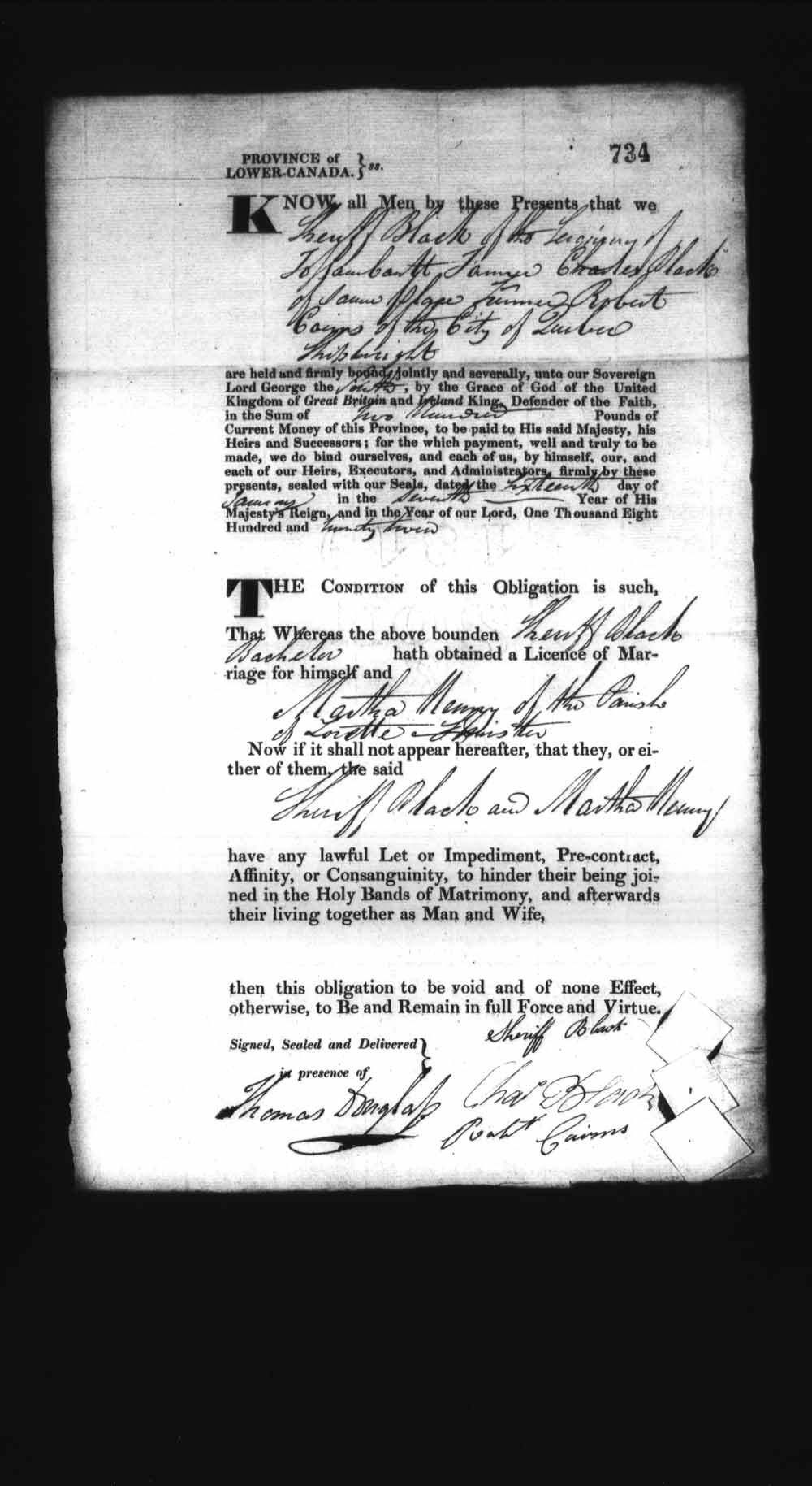 Digitized page of Upper and Lower Canada Marriage Bonds (1779-1865) for Image No.: e008236798