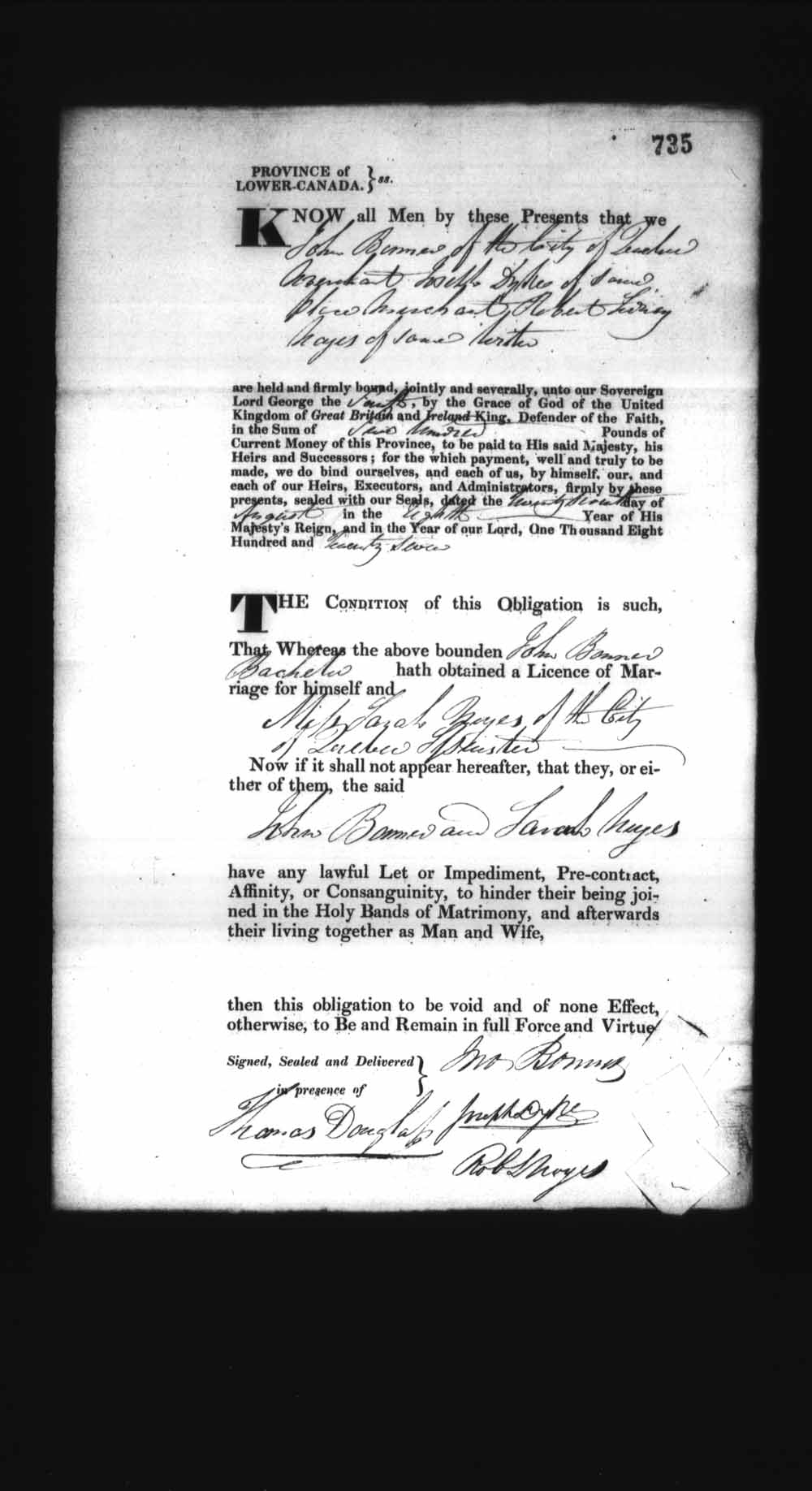 Digitized page of Upper and Lower Canada Marriage Bonds (1779-1865) for Image No.: e008236799