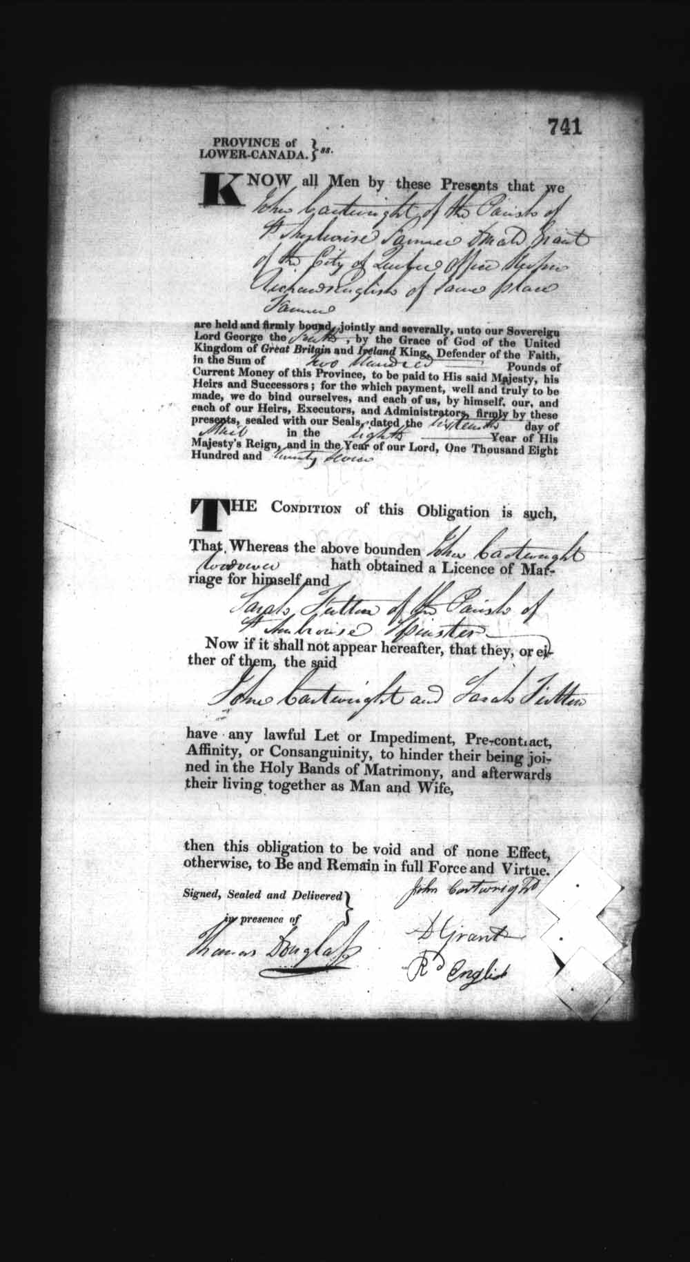 Digitized page of Upper and Lower Canada Marriage Bonds (1779-1865) for Image No.: e008236806