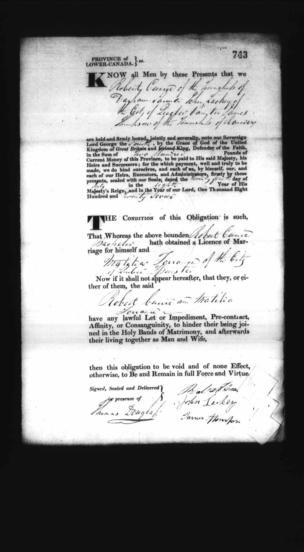 Digitized page of Upper and Lower Canada Marriage Bonds (1779-1865) for Image No.: e008236808