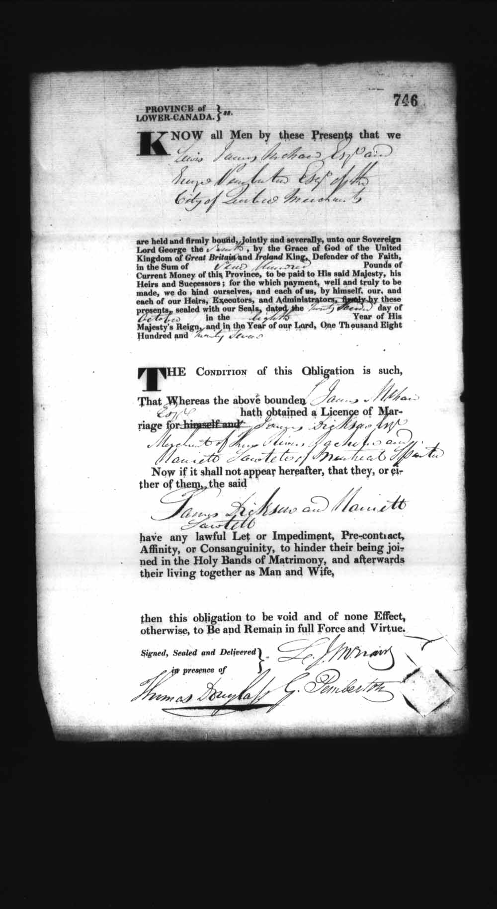 Digitized page of Upper and Lower Canada Marriage Bonds (1779-1865) for Image No.: e008236811