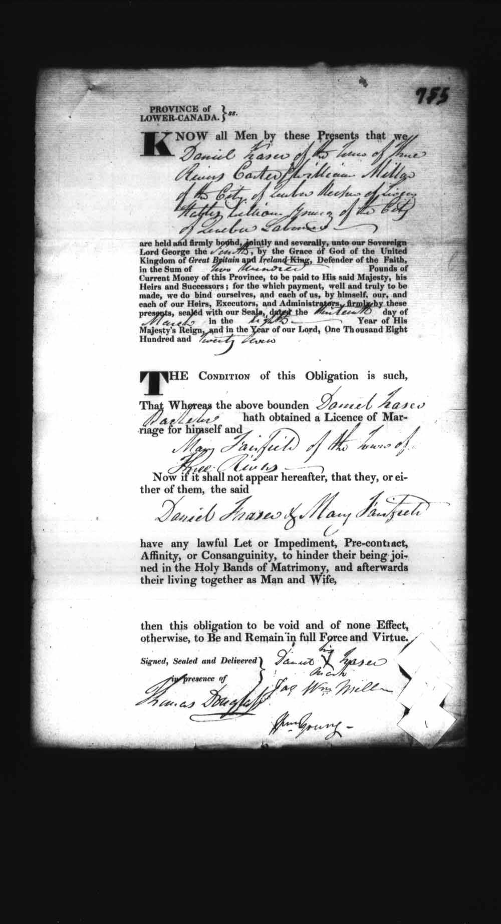 Digitized page of Upper and Lower Canada Marriage Bonds (1779-1865) for Image No.: e008236821