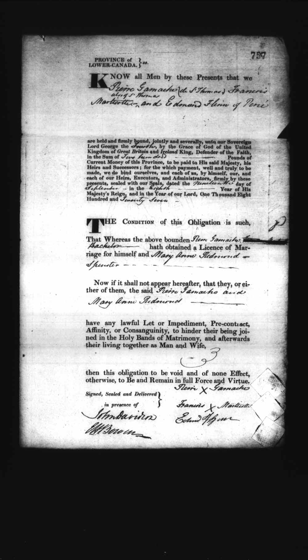Digitized page of Upper and Lower Canada Marriage Bonds (1779-1865) for Image No.: e008236825