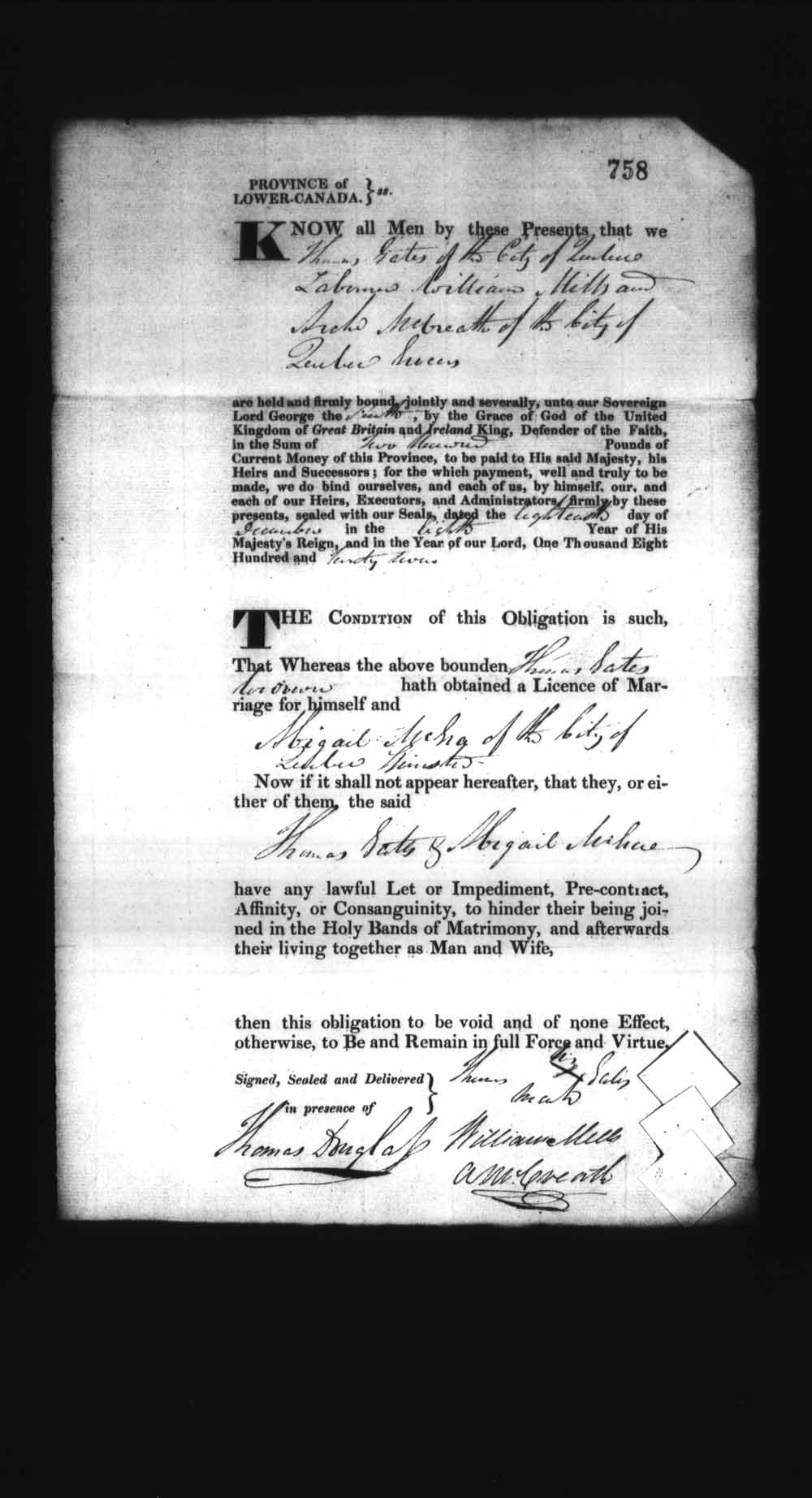 Page numérisé de Cautionnements de mariages pour le Haut-Canada et le Bas-Canada (1779-1865) pour l'image numéro: e008236826