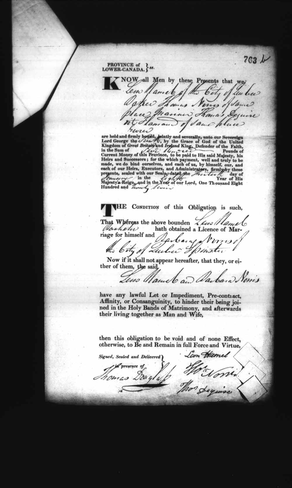 Digitized page of Upper and Lower Canada Marriage Bonds (1779-1865) for Image No.: e008236832