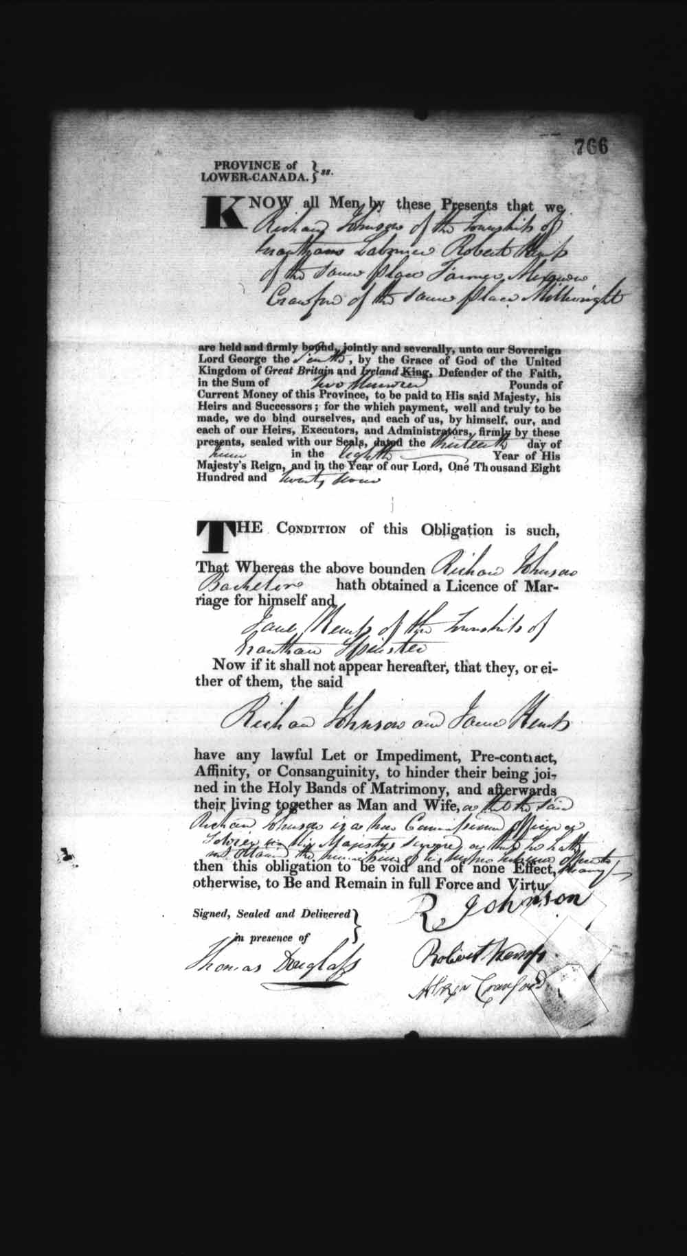 Digitized page of Upper and Lower Canada Marriage Bonds (1779-1865) for Image No.: e008236835