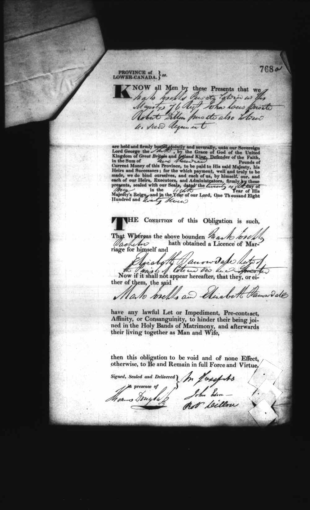 Digitized page of Upper and Lower Canada Marriage Bonds (1779-1865) for Image No.: e008236839