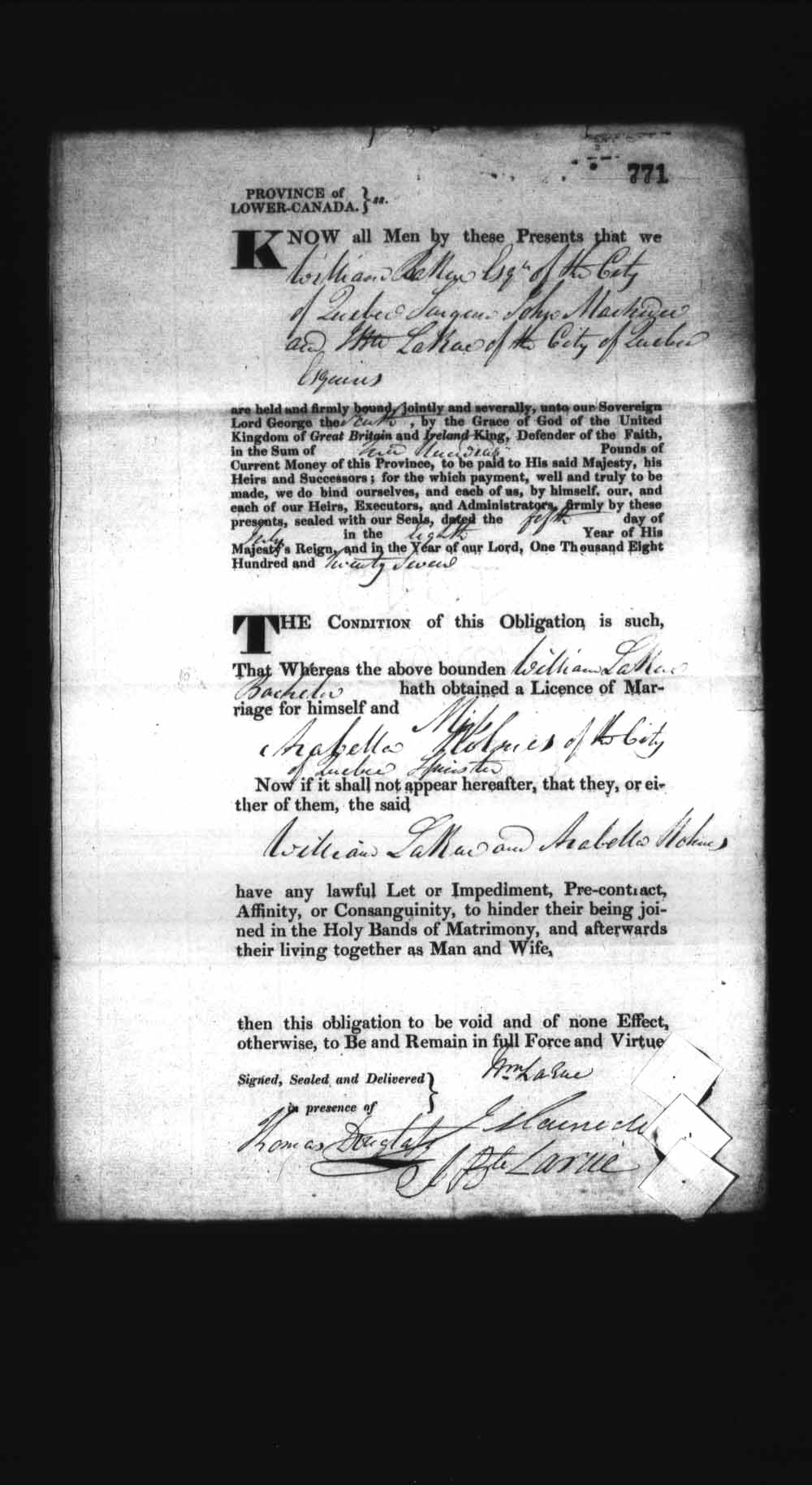 Digitized page of Upper and Lower Canada Marriage Bonds (1779-1865) for Image No.: e008236844