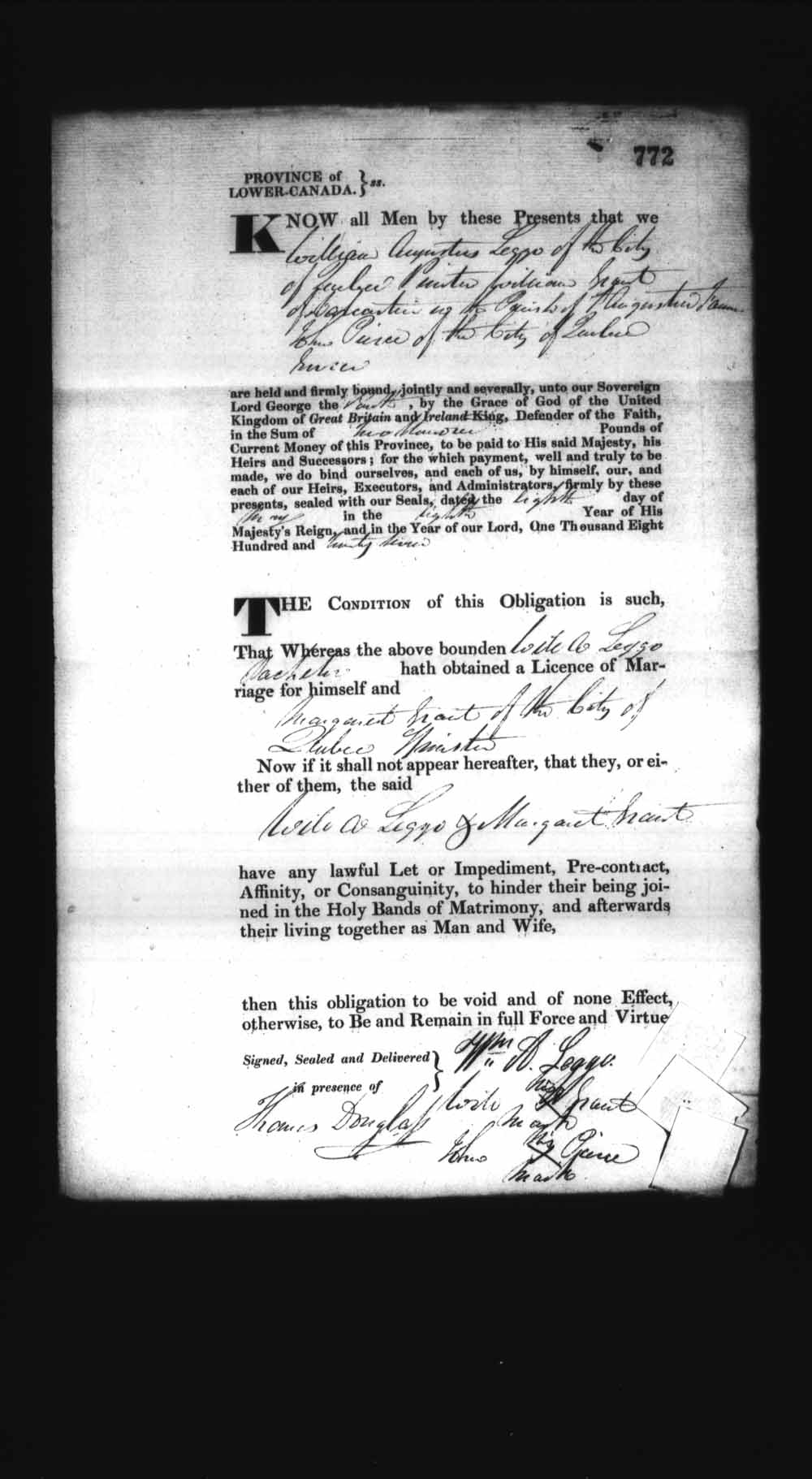 Page numérisé de Cautionnements de mariages pour le Haut-Canada et le Bas-Canada (1779-1865) pour l'image numéro: e008236845