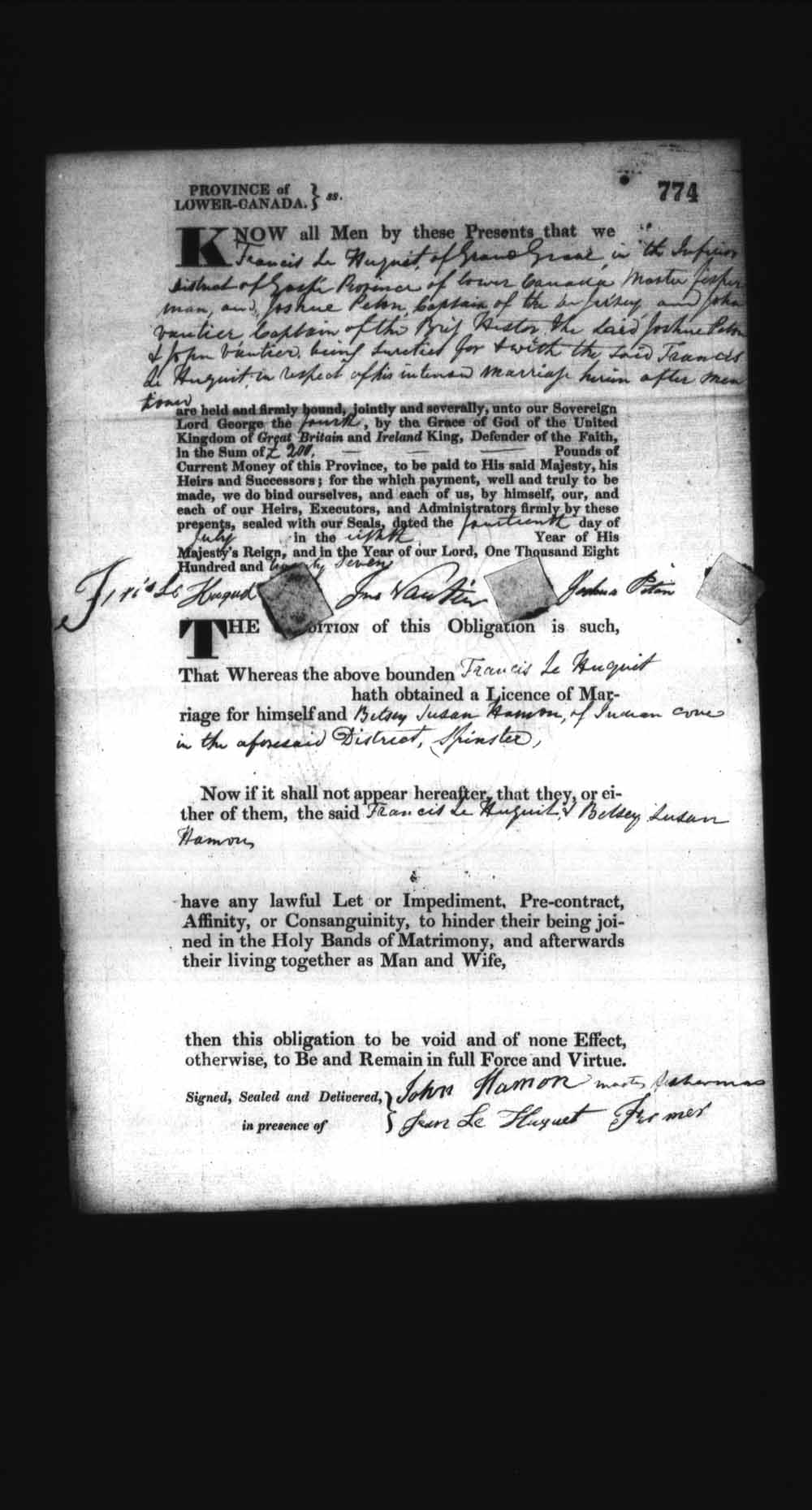 Digitized page of Upper and Lower Canada Marriage Bonds (1779-1865) for Image No.: e008236847