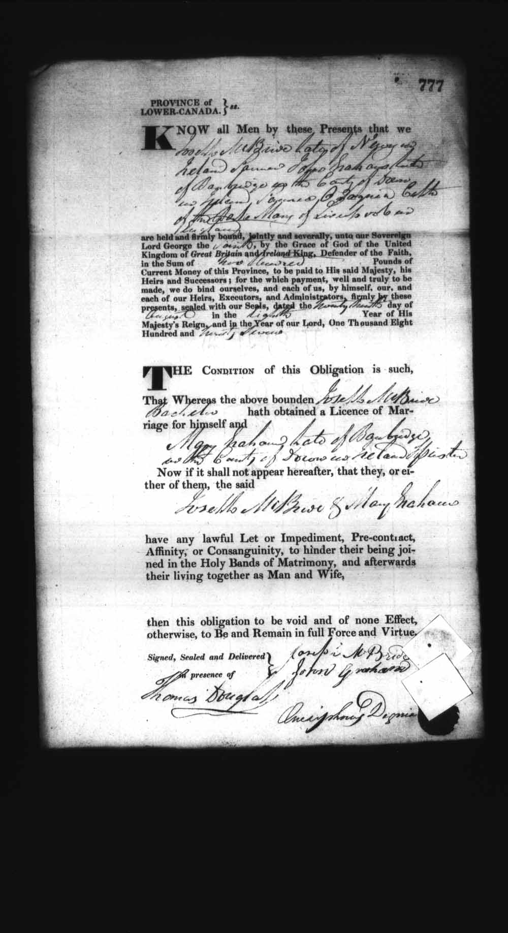 Digitized page of Upper and Lower Canada Marriage Bonds (1779-1865) for Image No.: e008236850