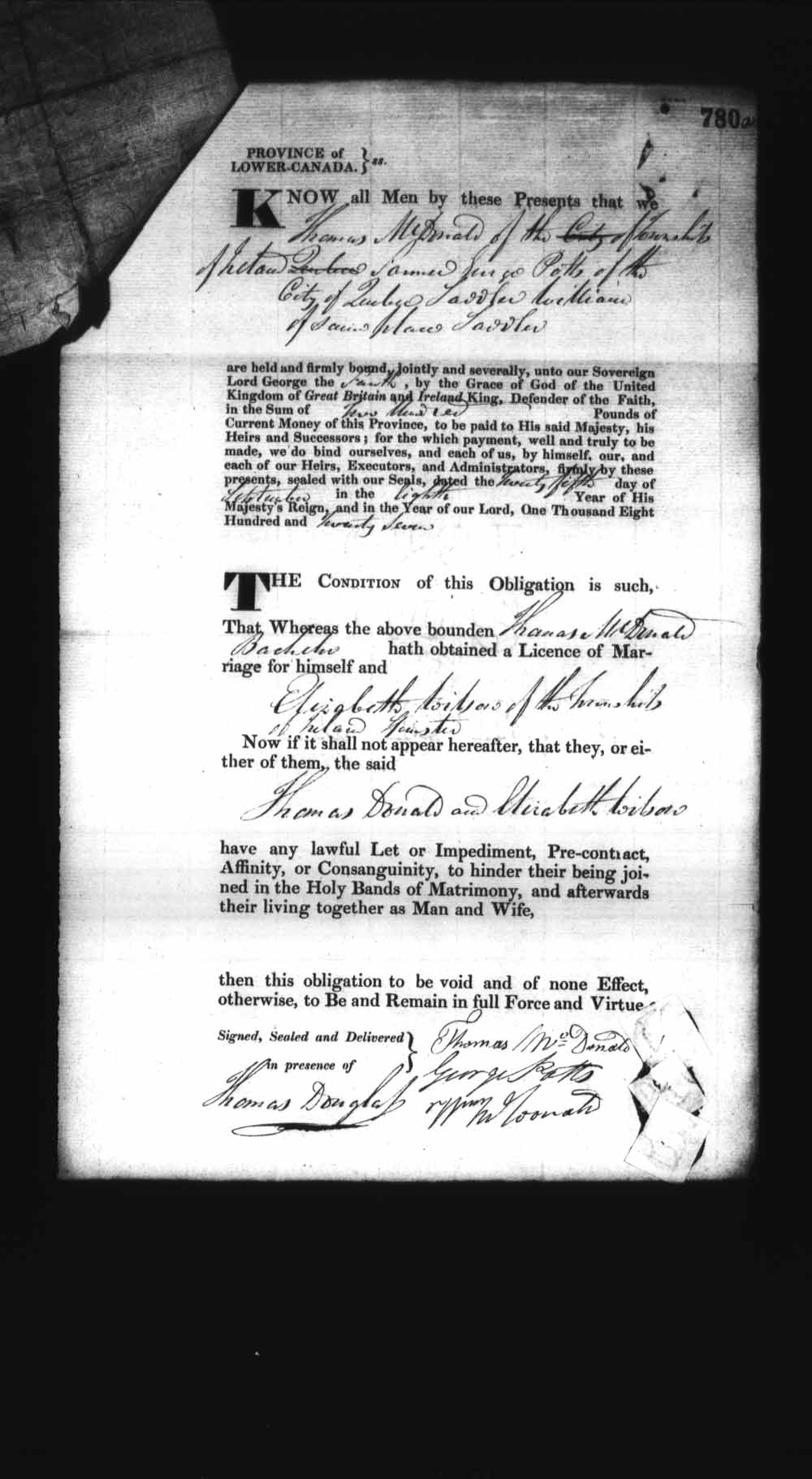 Digitized page of Upper and Lower Canada Marriage Bonds (1779-1865) for Image No.: e008236854