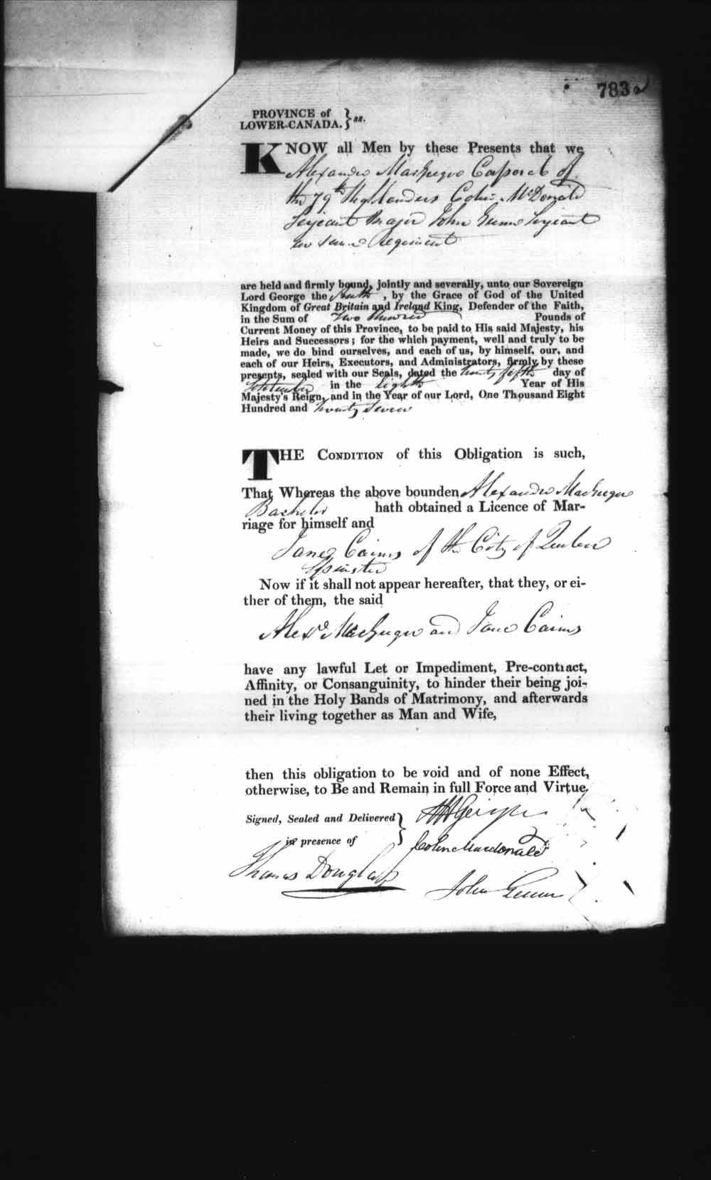 Digitized page of Upper and Lower Canada Marriage Bonds (1779-1865) for Image No.: e008236859