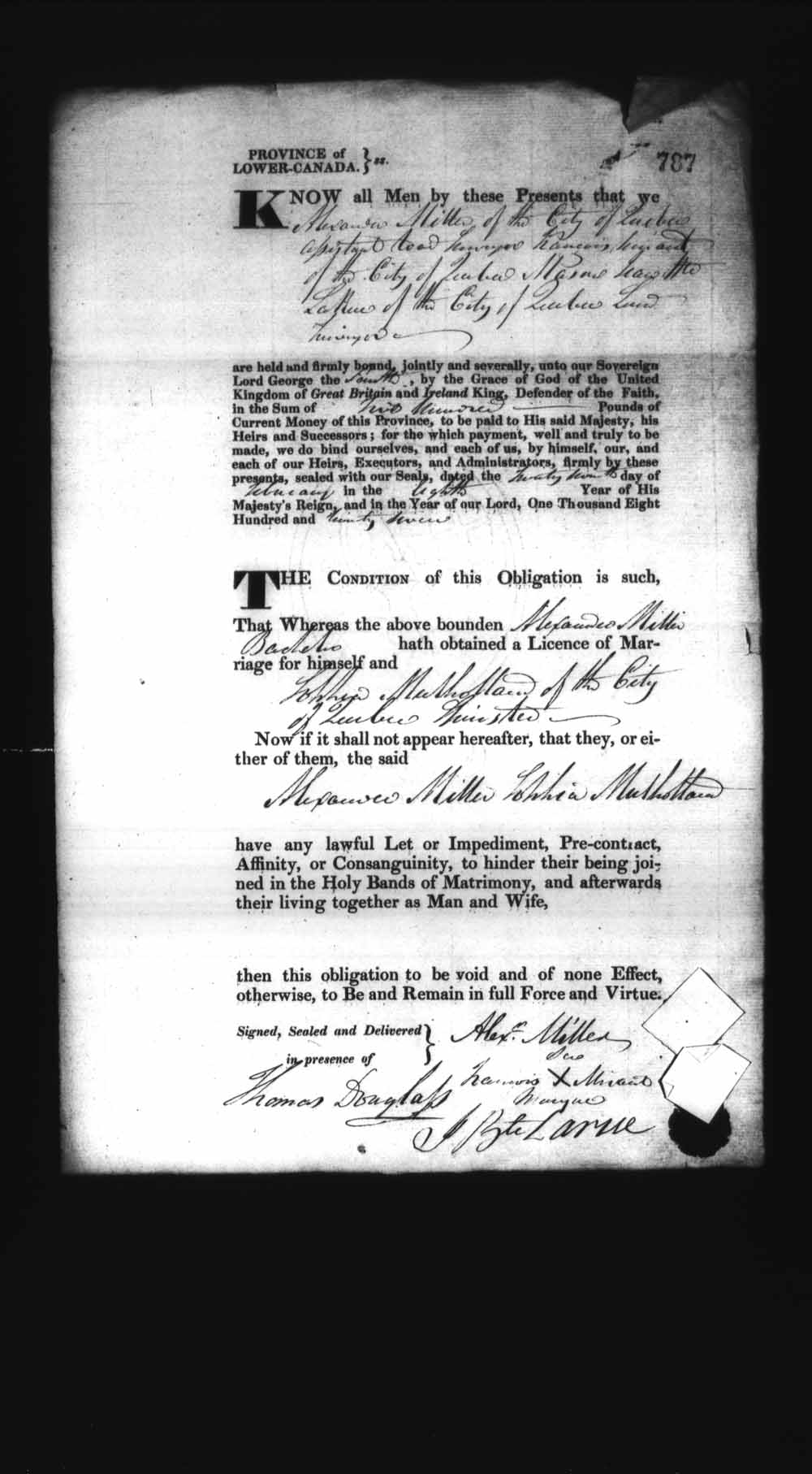 Page numérisé de Cautionnements de mariages pour le Haut-Canada et le Bas-Canada (1779-1865) pour l'image numéro: e008236863