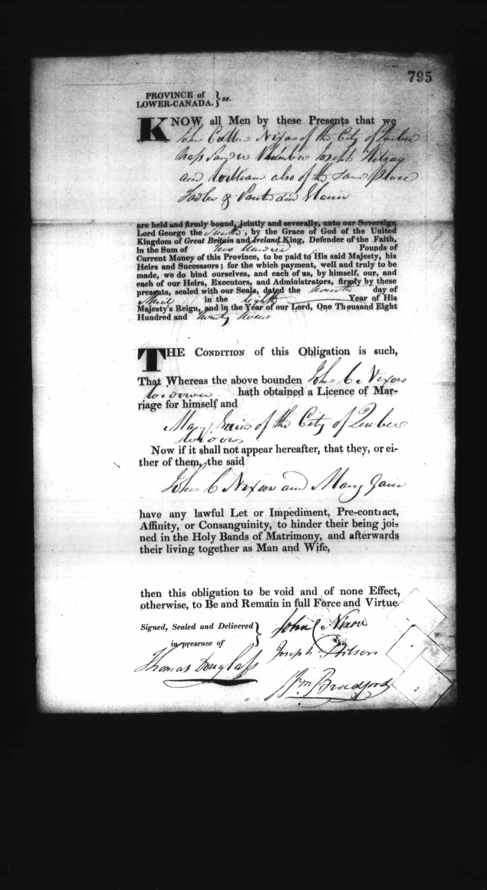 Digitized page of Upper and Lower Canada Marriage Bonds (1779-1865) for Image No.: e008236871