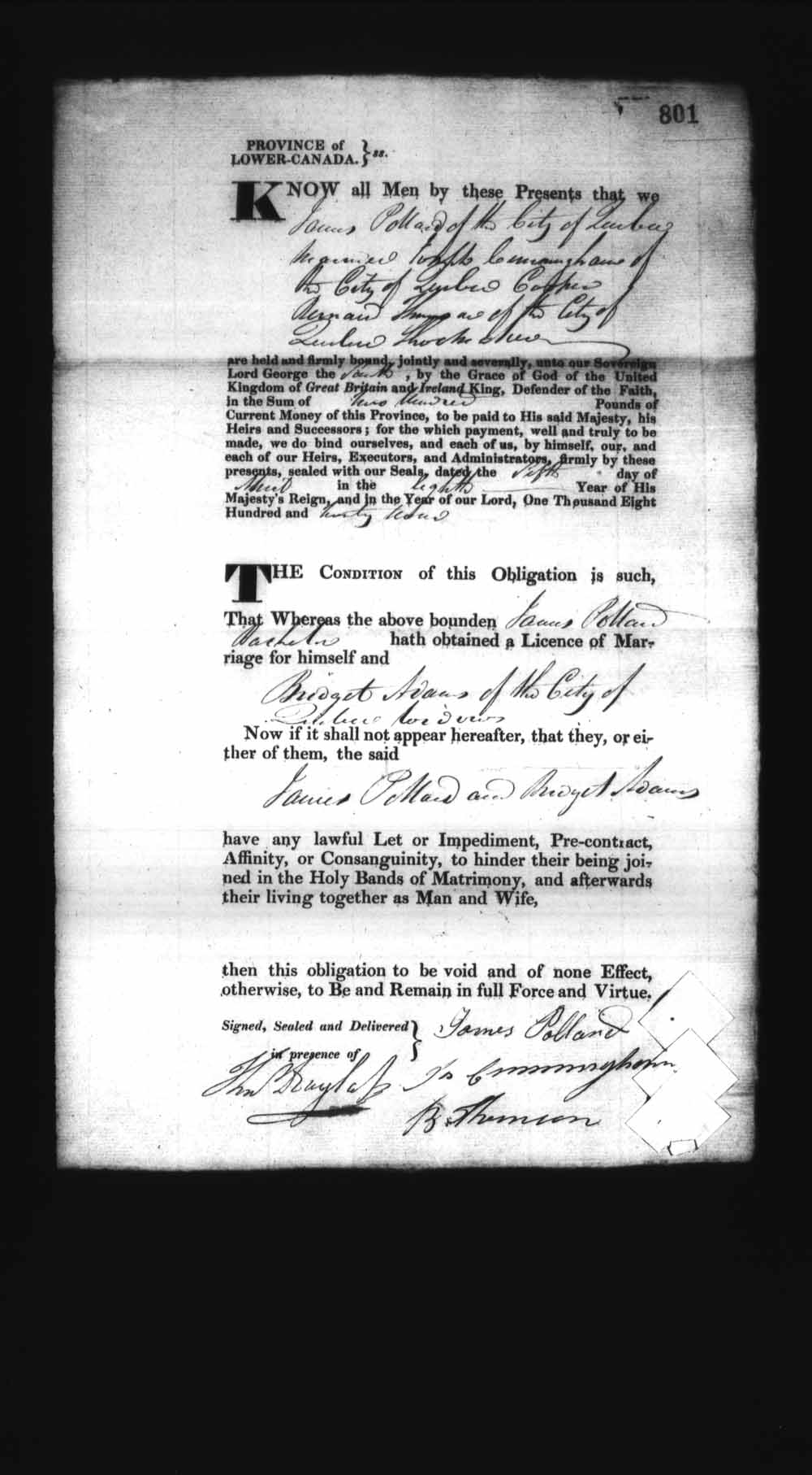 Digitized page of Upper and Lower Canada Marriage Bonds (1779-1865) for Image No.: e008236877