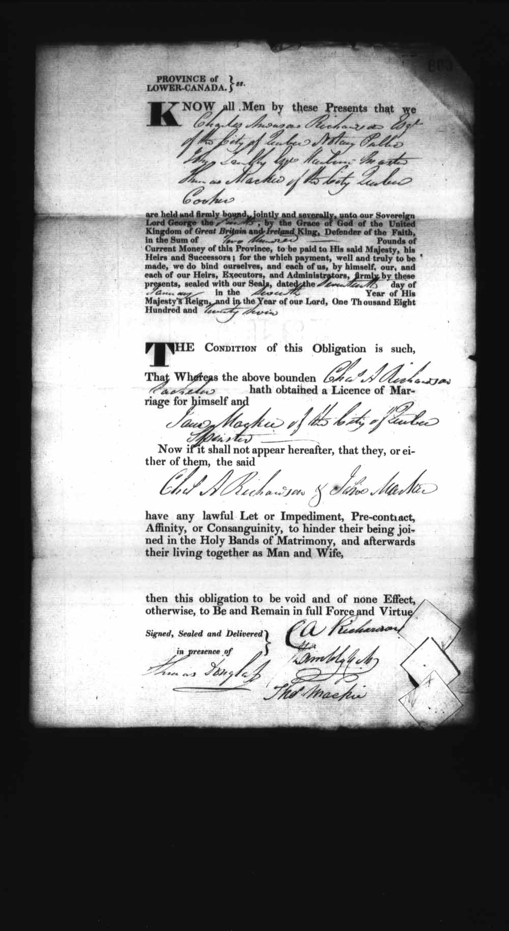 Digitized page of Upper and Lower Canada Marriage Bonds (1779-1865) for Image No.: e008236879