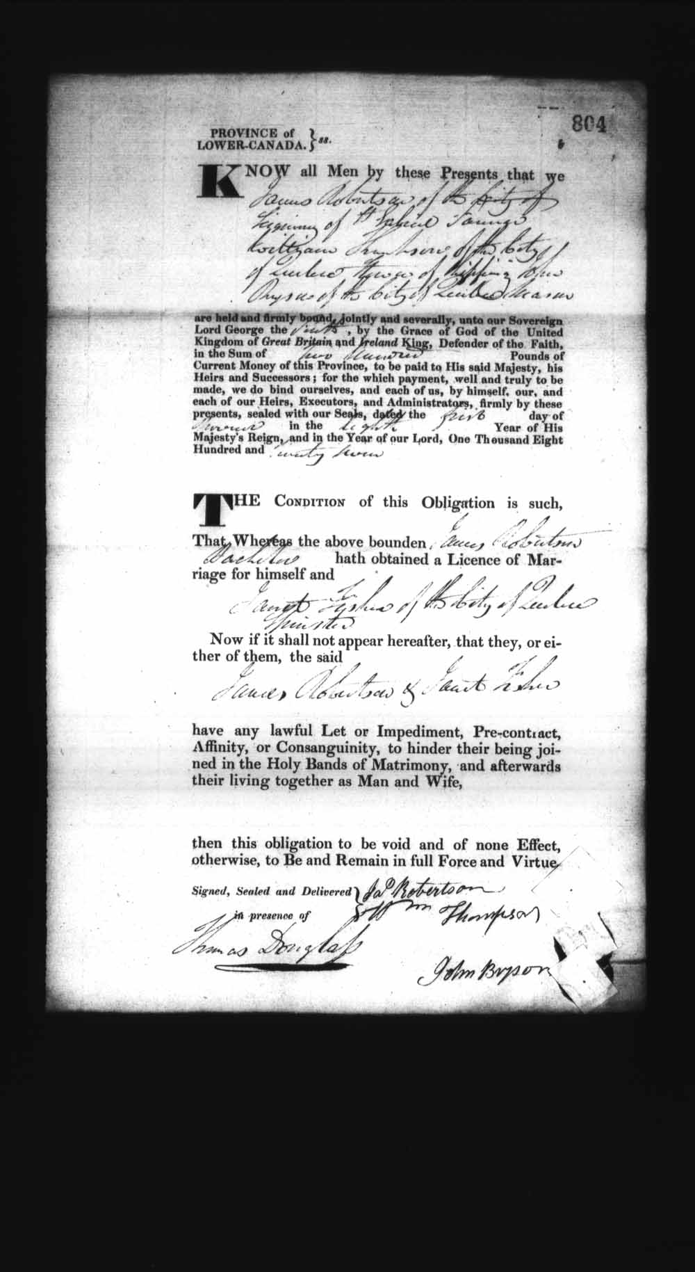 Digitized page of Upper and Lower Canada Marriage Bonds (1779-1865) for Image No.: e008236880