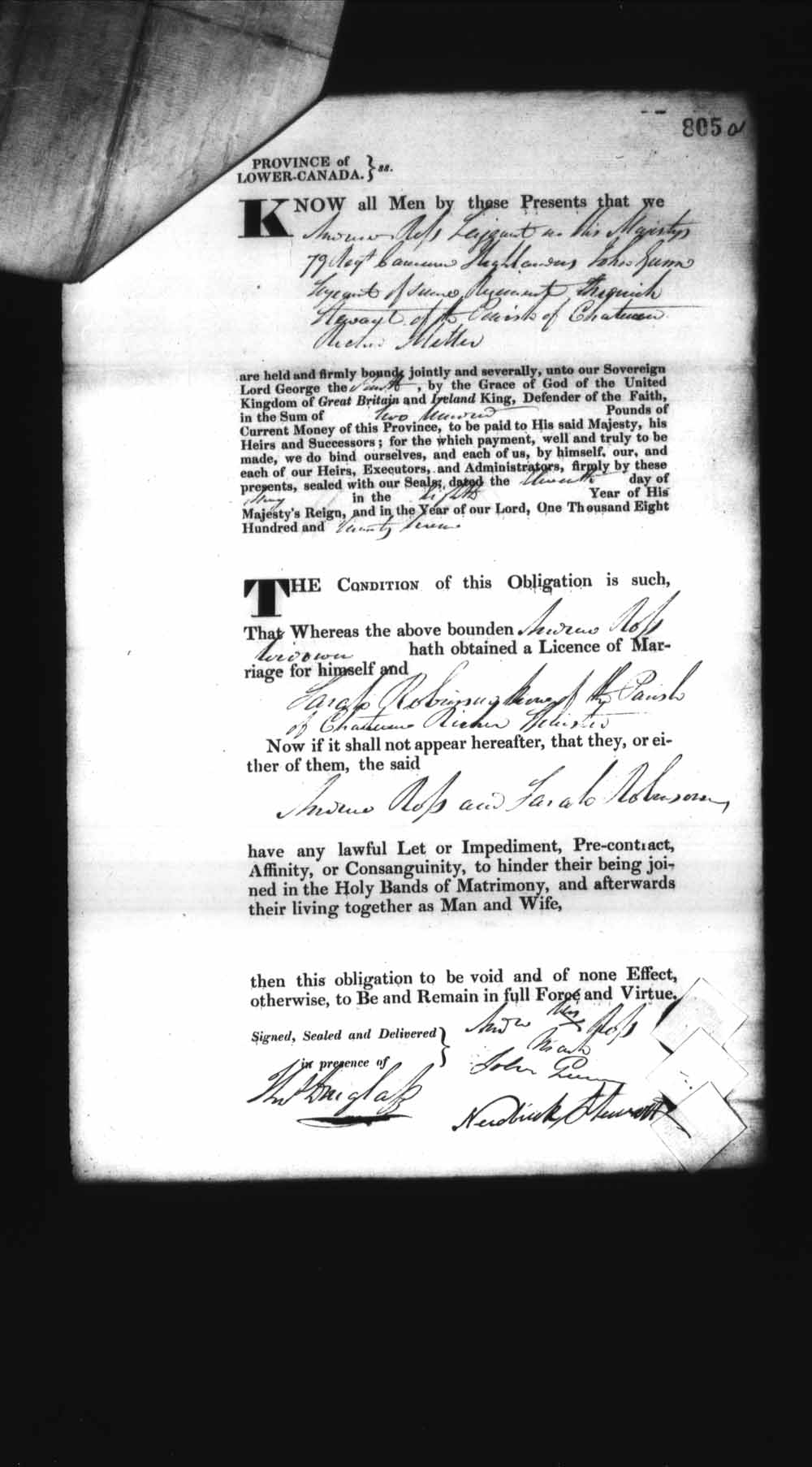 Digitized page of Upper and Lower Canada Marriage Bonds (1779-1865) for Image No.: e008236882