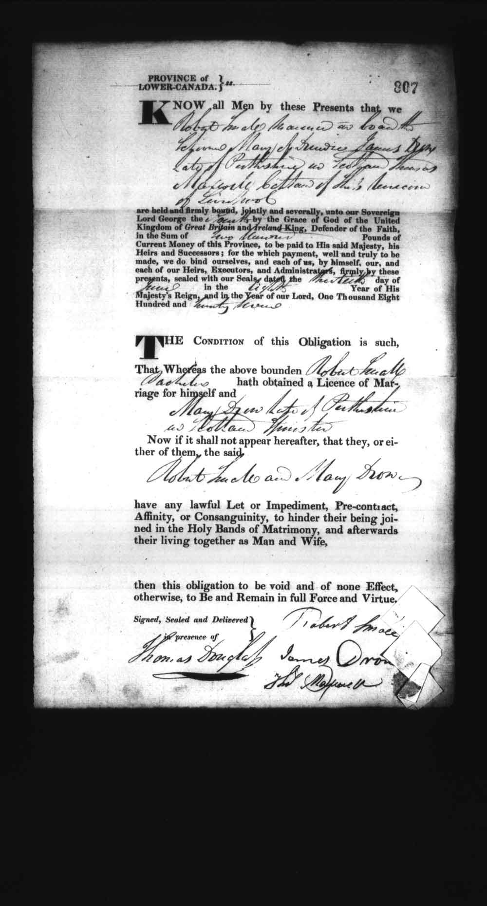 Digitized page of Upper and Lower Canada Marriage Bonds (1779-1865) for Image No.: e008236884