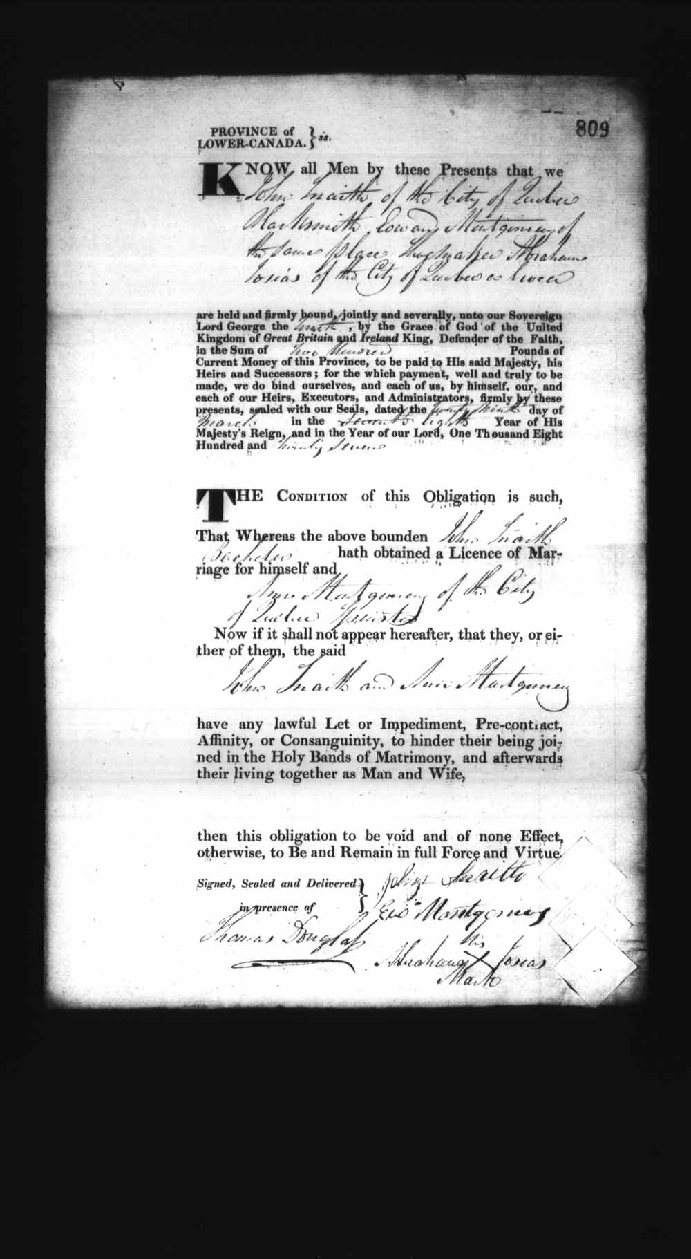 Digitized page of Upper and Lower Canada Marriage Bonds (1779-1865) for Image No.: e008236886