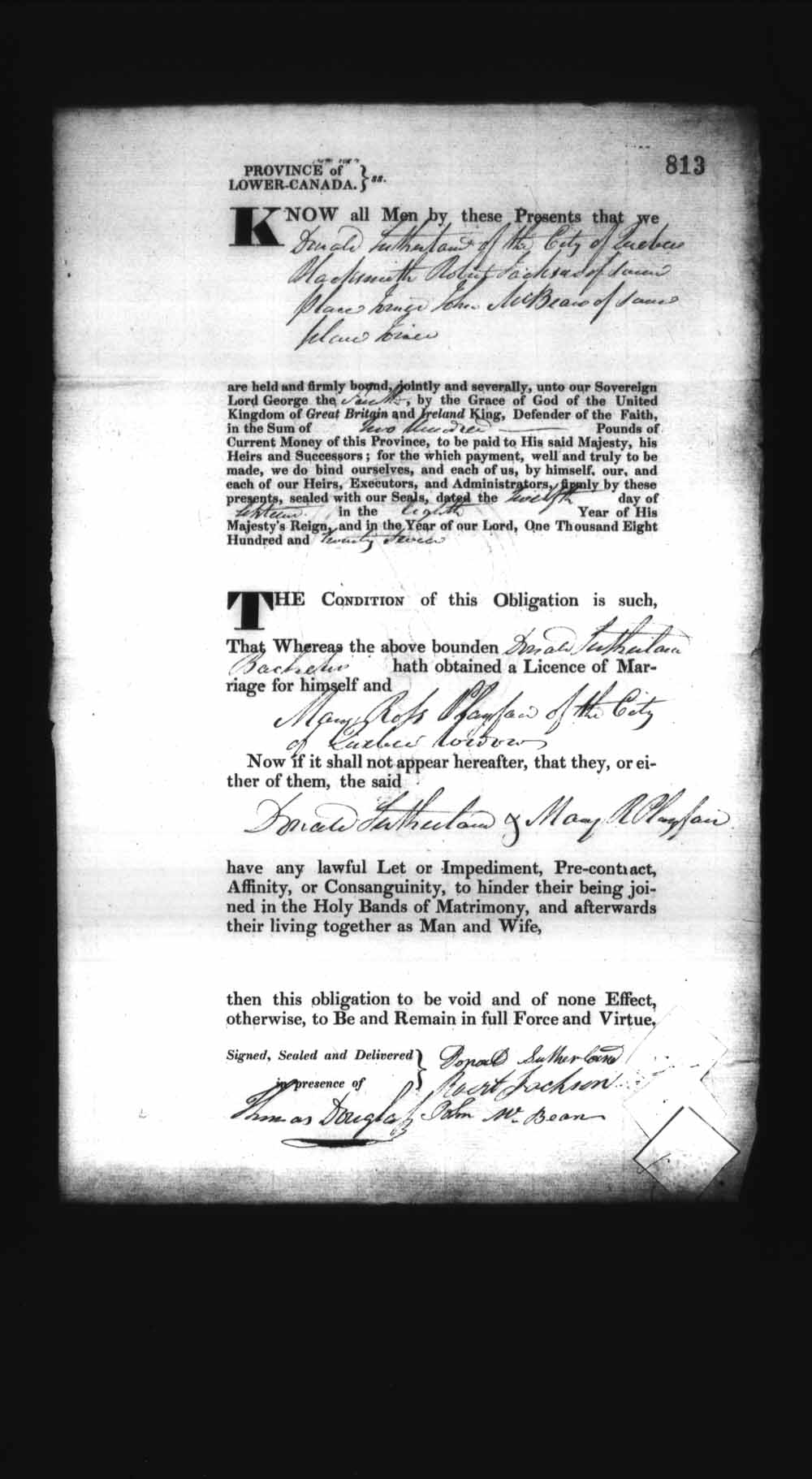 Digitized page of Upper and Lower Canada Marriage Bonds (1779-1865) for Image No.: e008236891