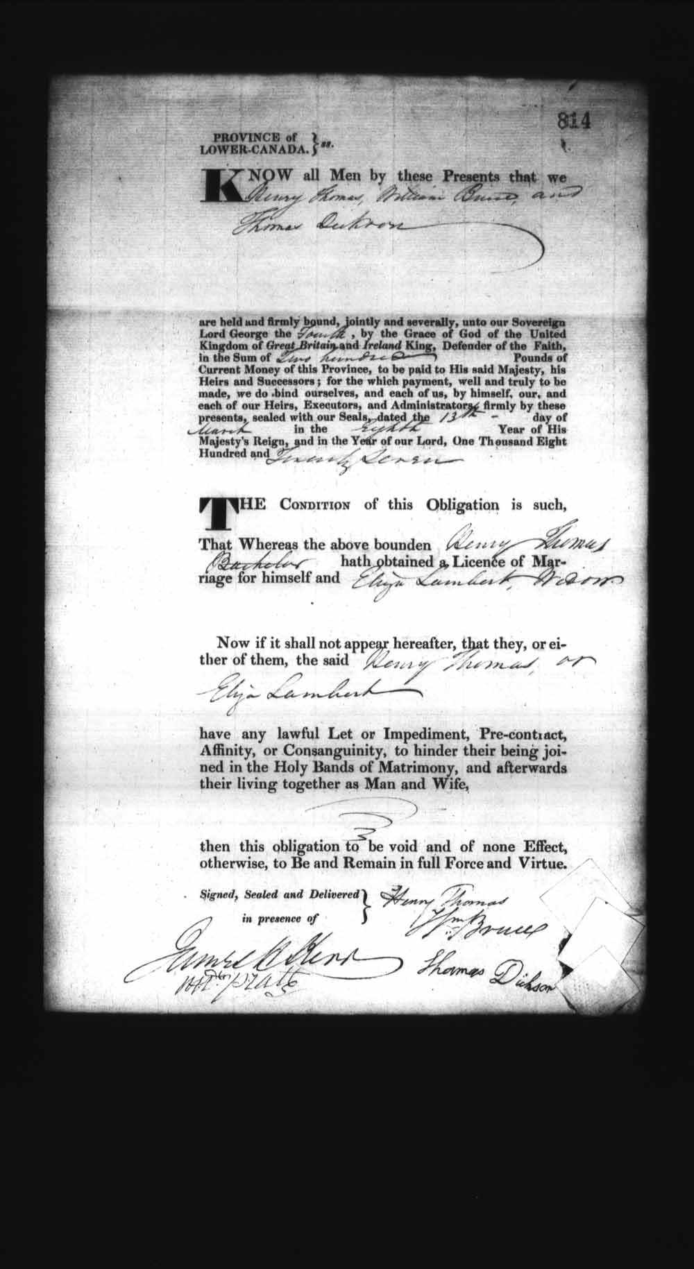 Digitized page of Upper and Lower Canada Marriage Bonds (1779-1865) for Image No.: e008236892