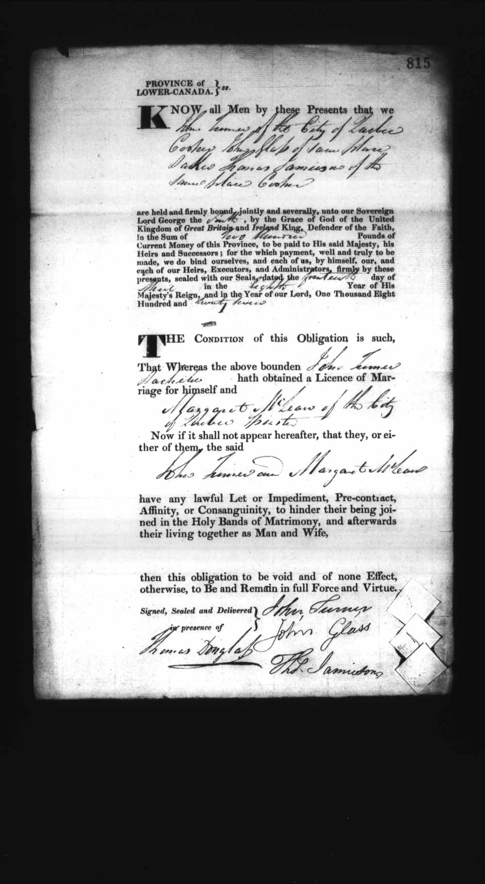 Digitized page of Upper and Lower Canada Marriage Bonds (1779-1865) for Image No.: e008236893