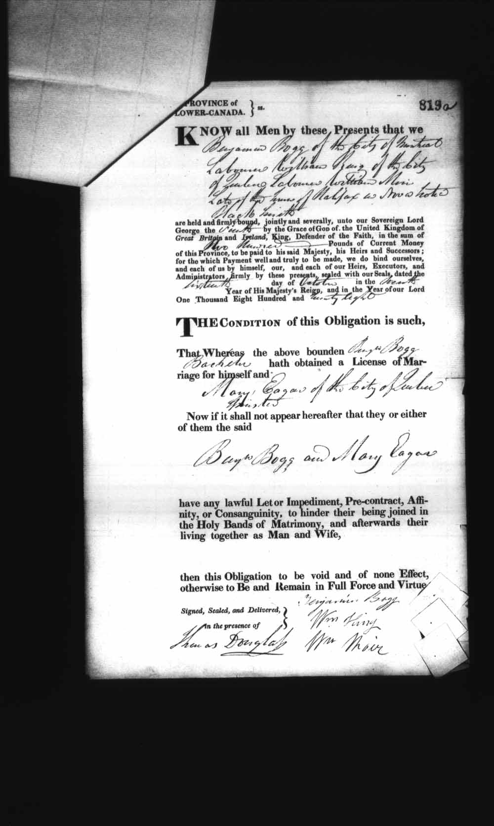 Digitized page of Upper and Lower Canada Marriage Bonds (1779-1865) for Image No.: e008236899
