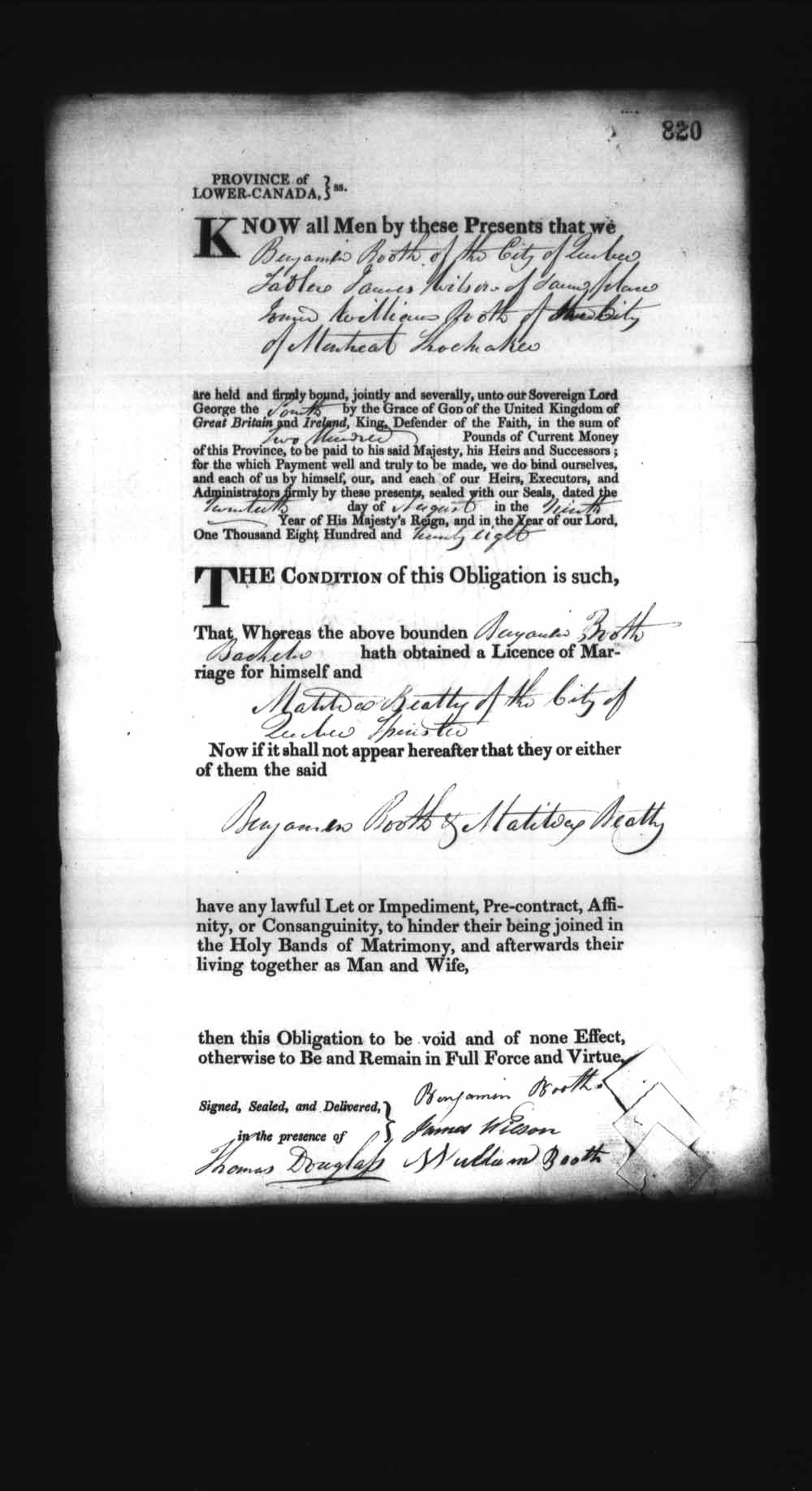 Digitized page of Upper and Lower Canada Marriage Bonds (1779-1865) for Image No.: e008236900