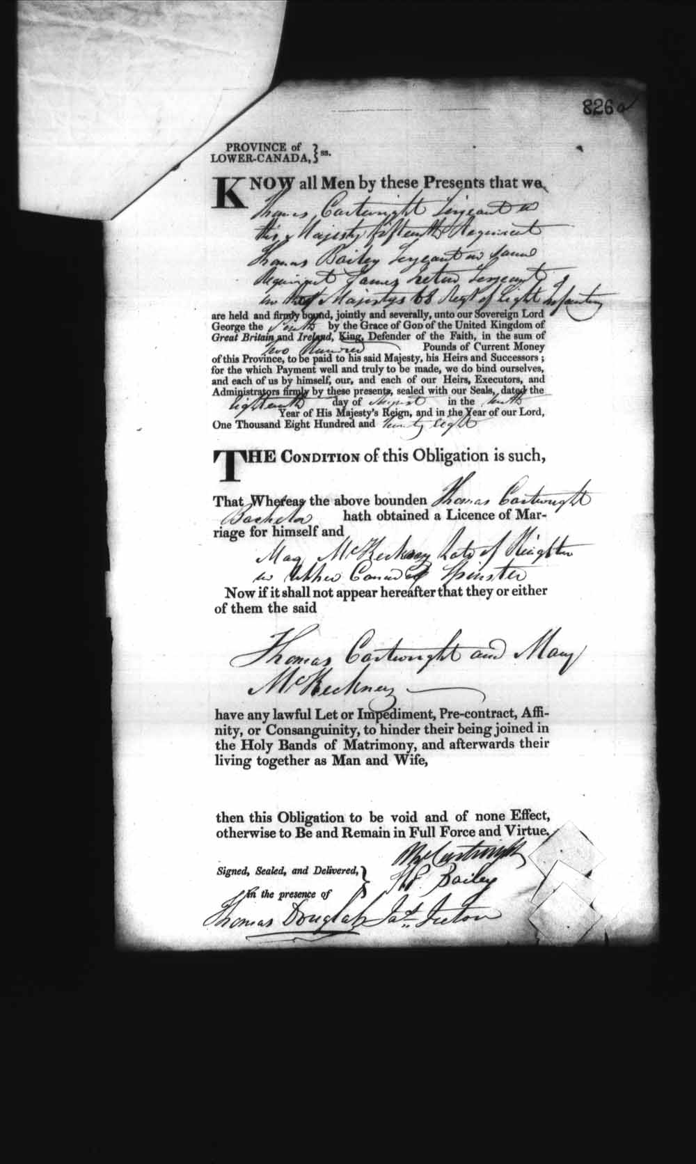 Digitized page of Upper and Lower Canada Marriage Bonds (1779-1865) for Image No.: e008236910